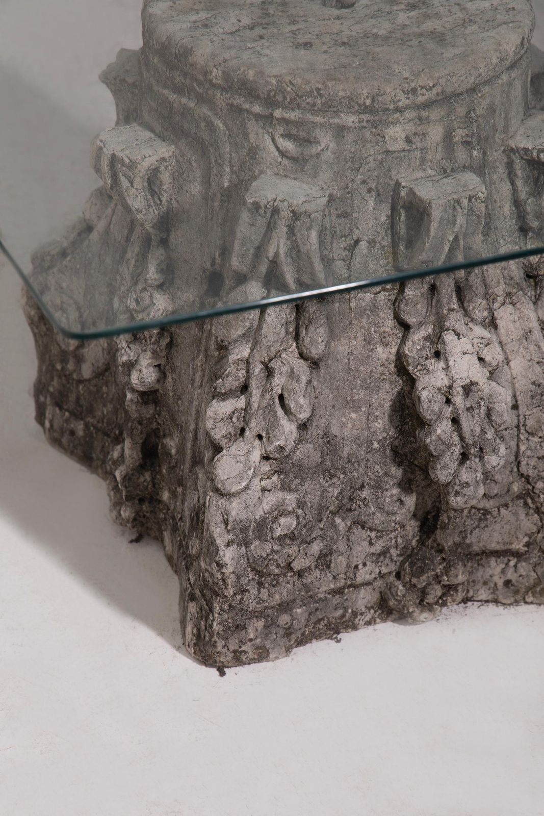 photo for sale Italian Coffee Table With Roman Corinthian Capital In Stone And Glass