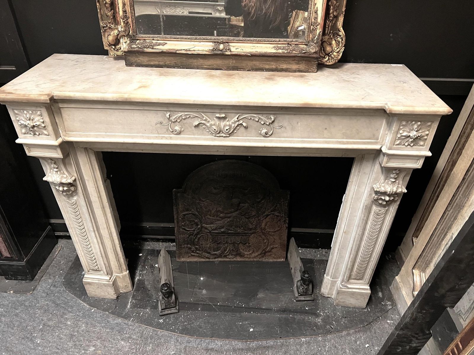 White Carrara Marble Mantel Chimneypiece, Carved With Foliage And Coins photo Home Fixtures