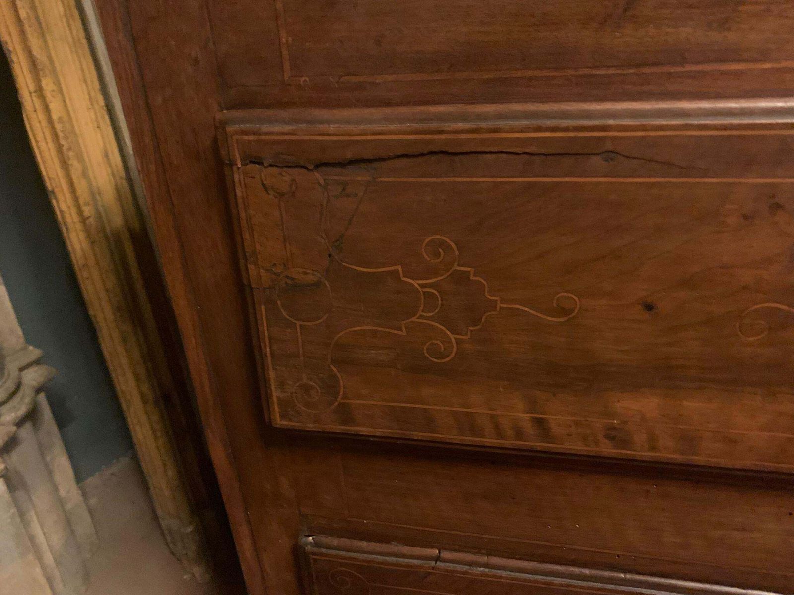 photo for sale Double Body Walnut Trumeau Cabinet With Boxwood Inlays, Italy