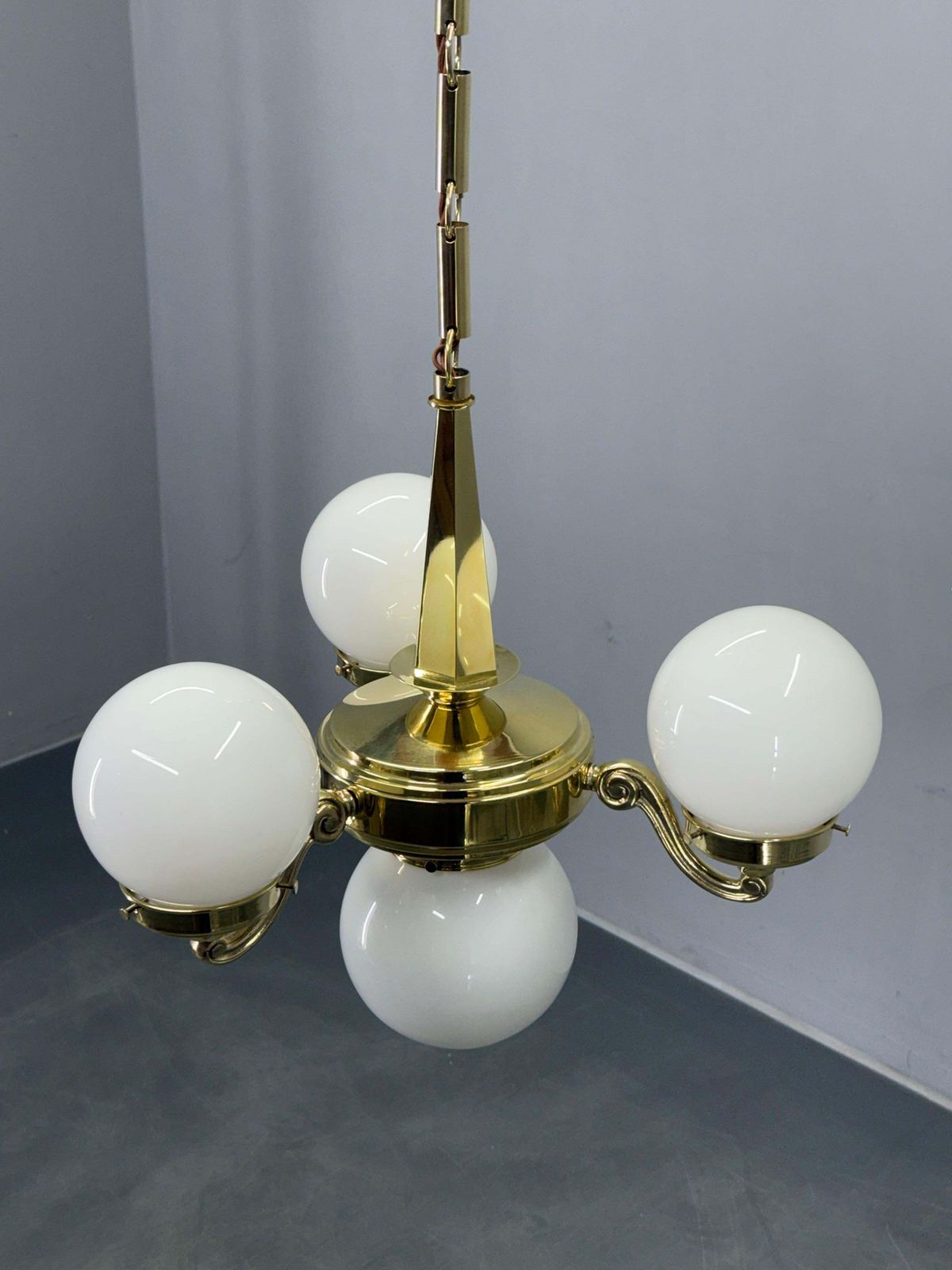 Art Deco Brass And Opaline Glass Chandelier, 1930s photo 1286.0