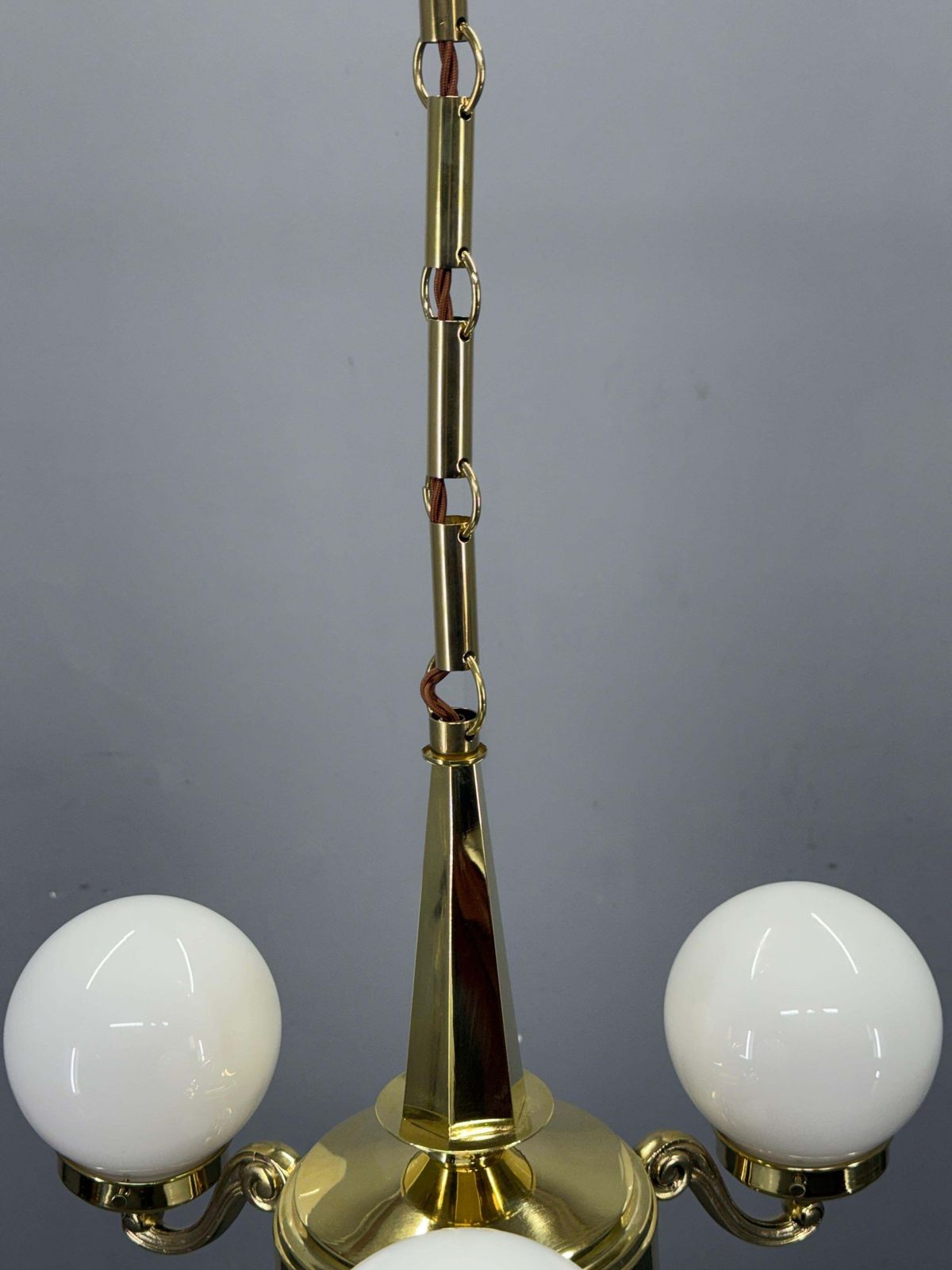 Art Deco Brass And Opaline Glass Chandelier, 1930s photo vinterior