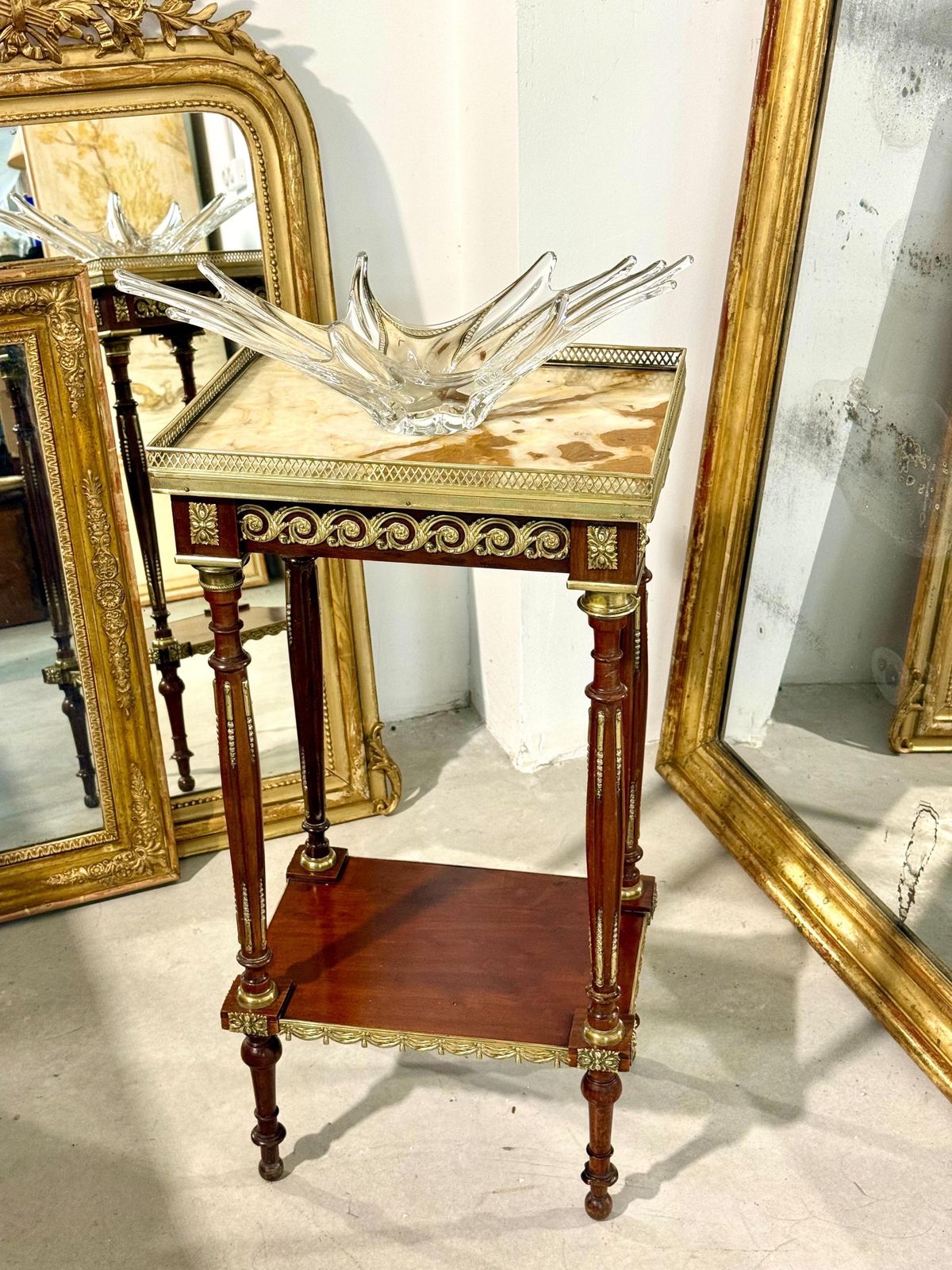 1755.0 Louis XVI Style Fruitwood, Gilt Bronze And Onyx Two Tier Side Table photo