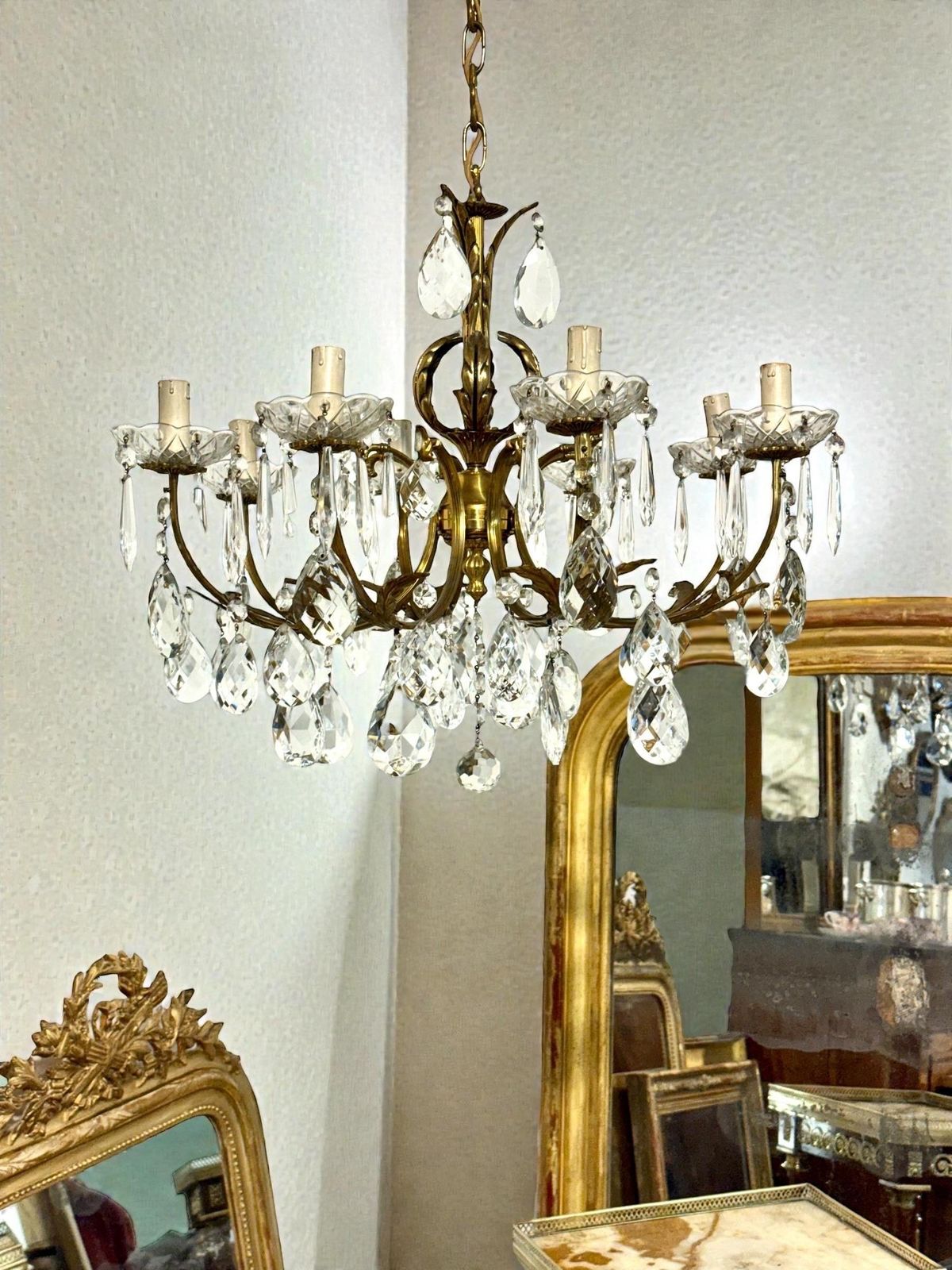 Late 19th Century Gilt Bronze And Crystal Eight Light Chandelier photo vintage
