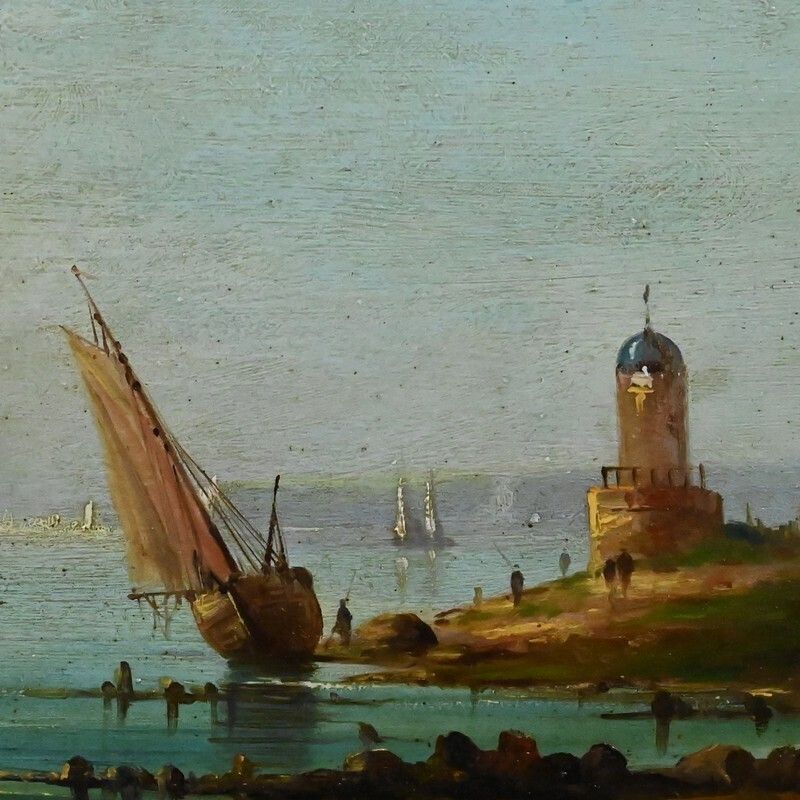 Painting "Sailboats On The Mediterranean", Oil On Panel, 19th Century French School photo furniture