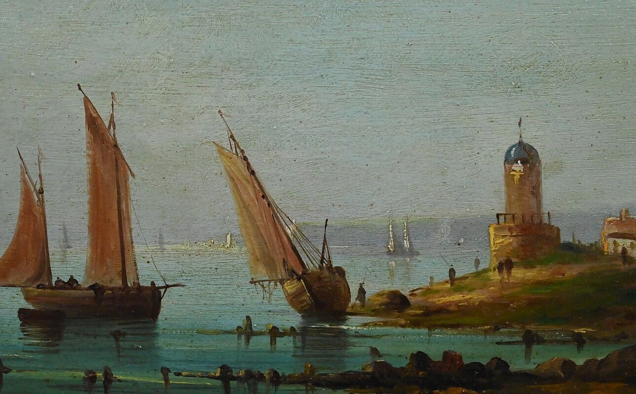 Painting "Sailboats On The Mediterranean", Oil On Panel, 19th Century French School photo vintage