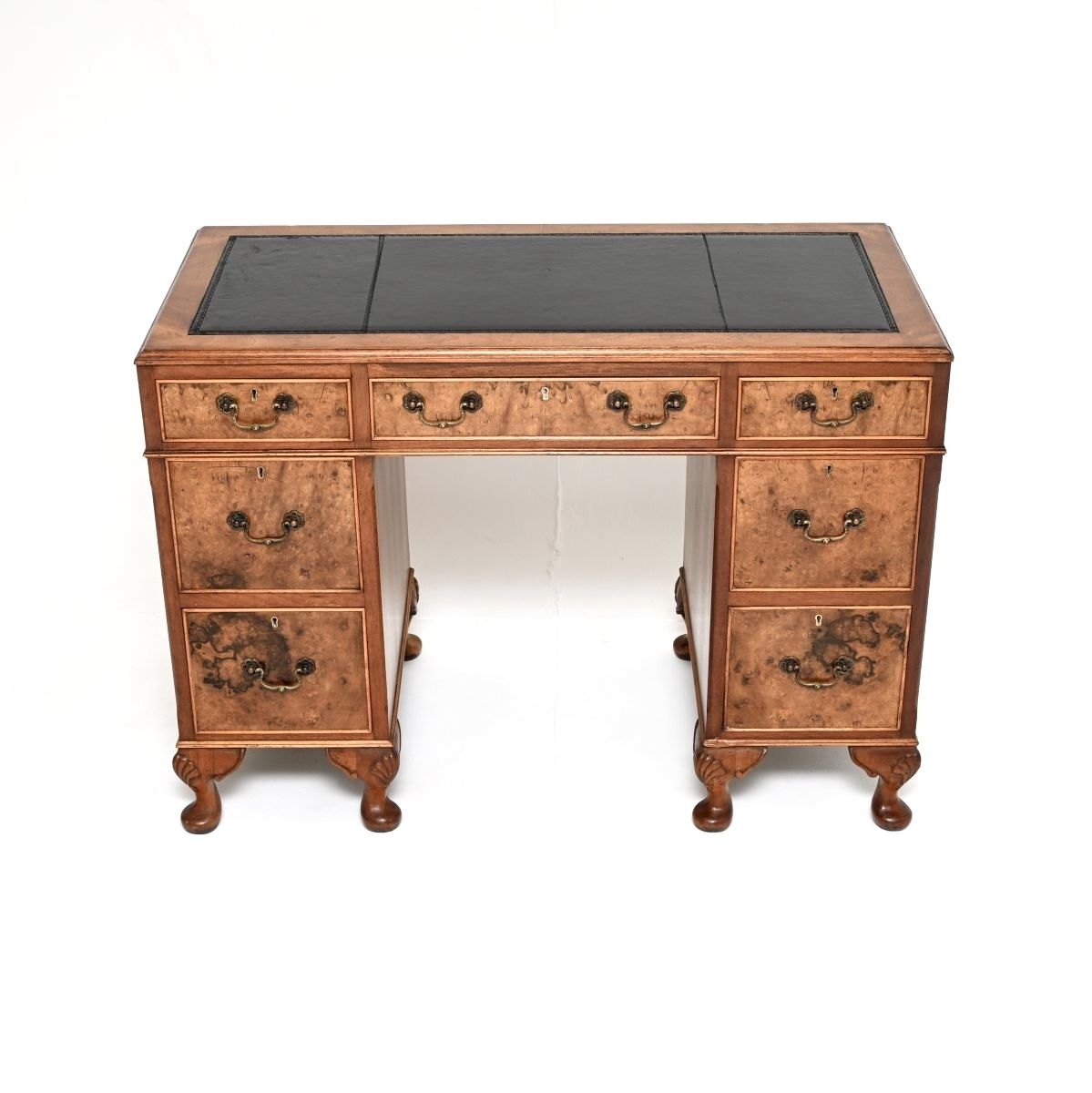 Antique Burr Walnut Leather Top Pedestal Desk photo furniture