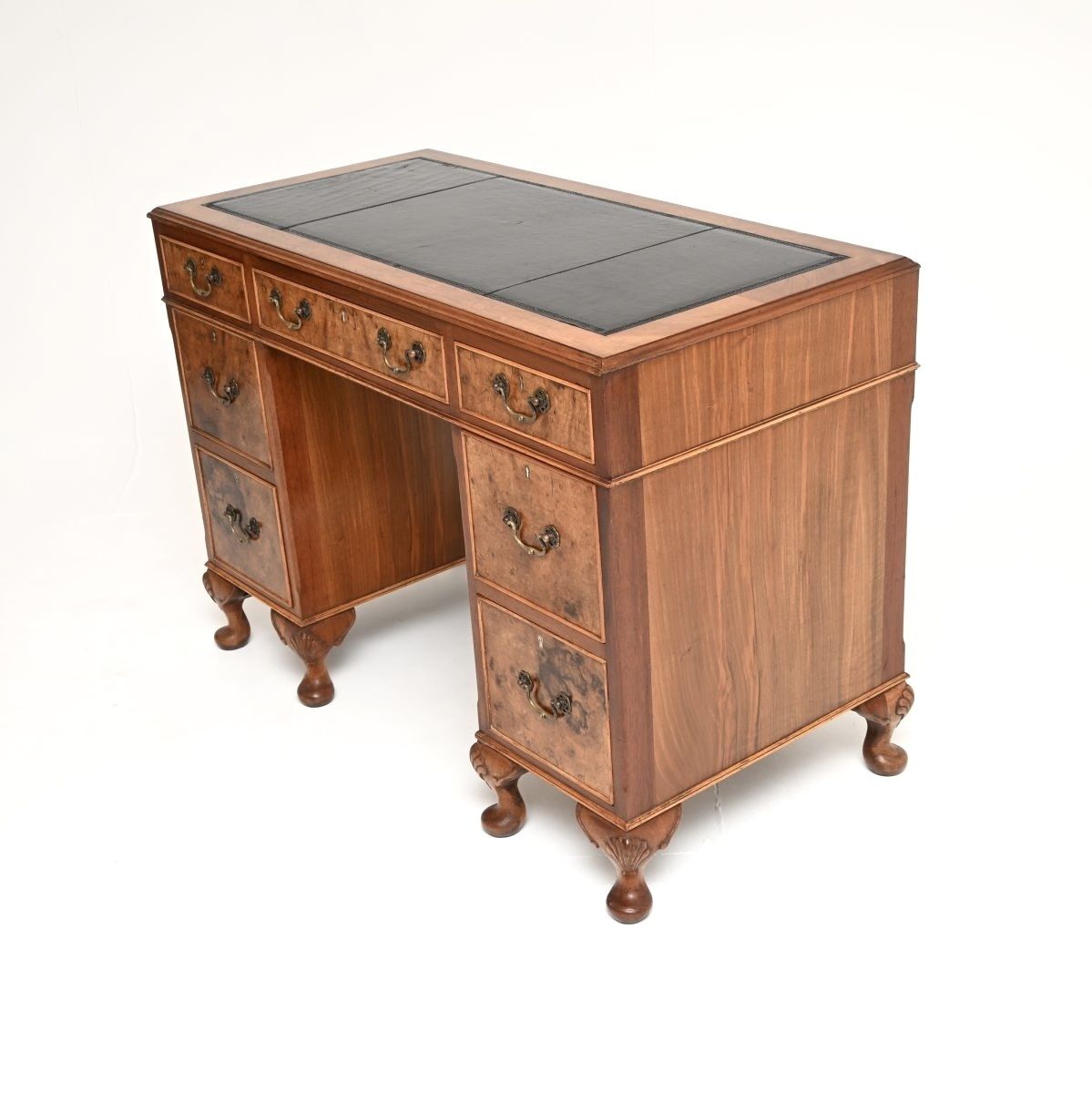 photo for sale Antique Burr Walnut Leather Top Pedestal Desk