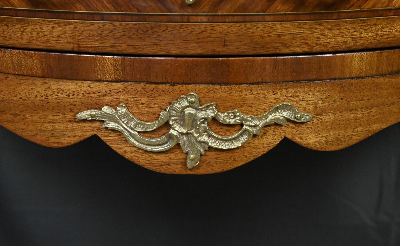 photo for sale Small Marquetry Half Moon Commode, Louis XV Louis XVI Transition Style – Early 20th Century