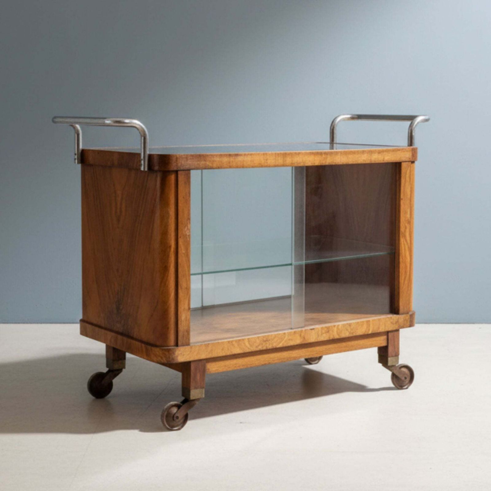 Art Deco Serveerwagen Van Walnoot Met Chroom, Jaren 1930