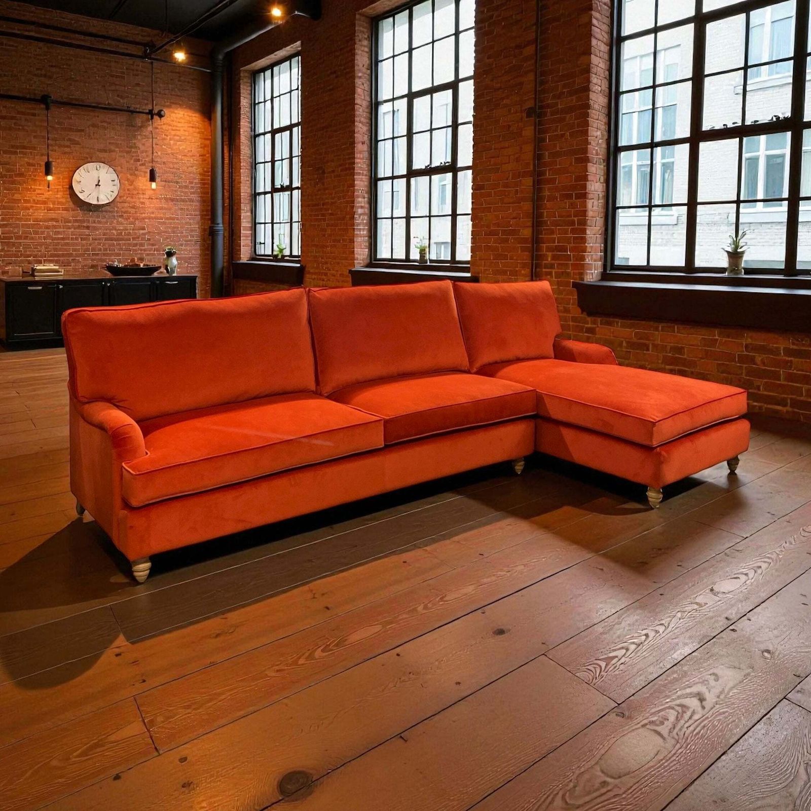 L Shaped Velvet Sofa Burnt Orange Ex Display Right Handed photo furniture