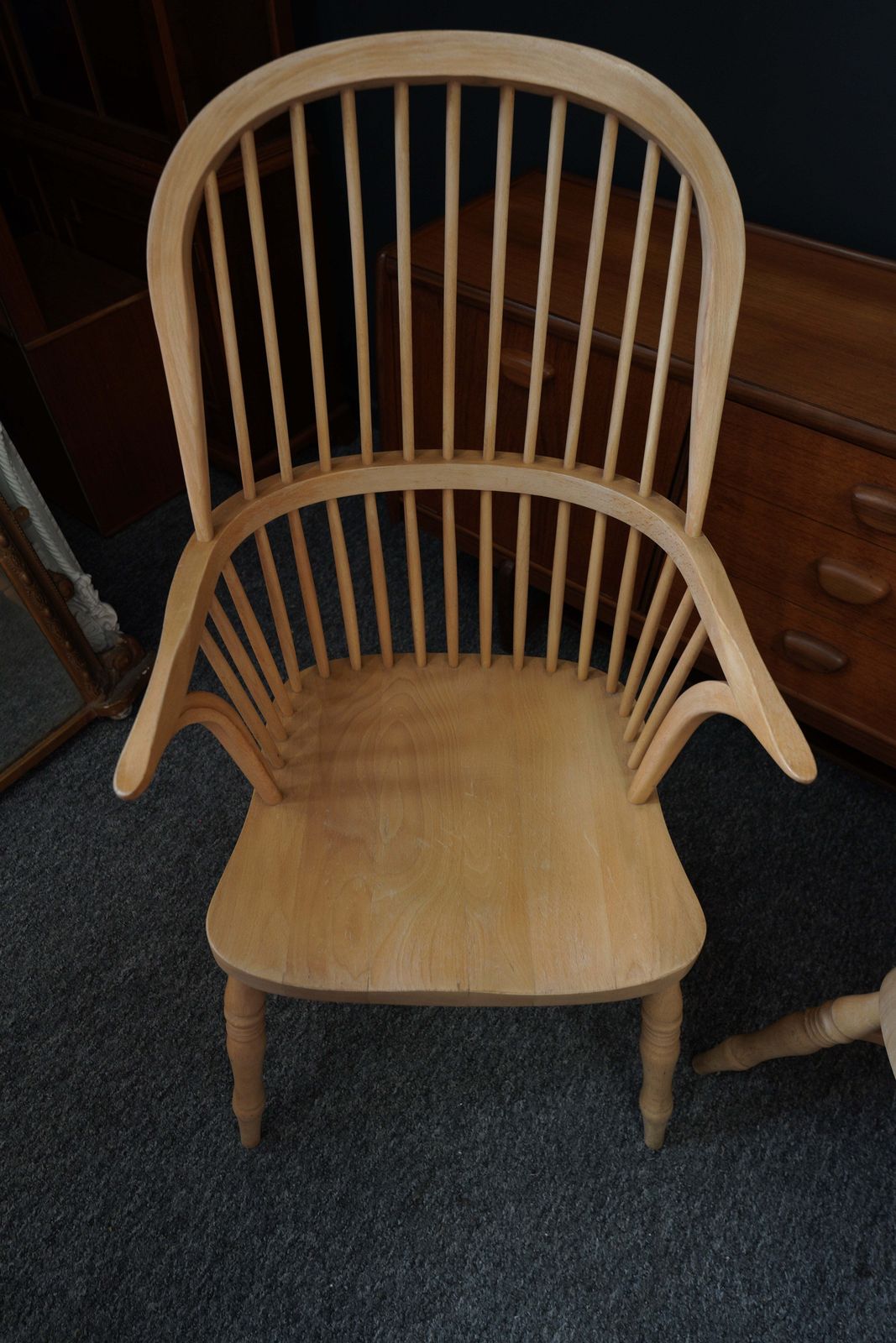 British Windsor Carver Armchairs In Solid Beech – United Kingdom, Mid 20th Century