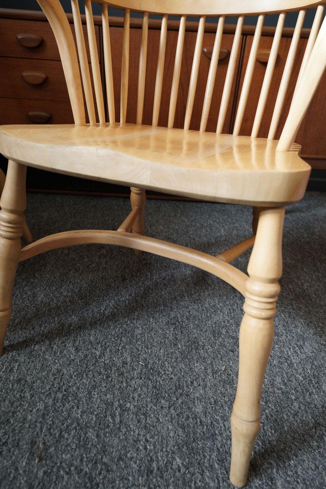 British Windsor Carver Armchairs In Solid Beech – United Kingdom, Mid 20th Century photo vintage