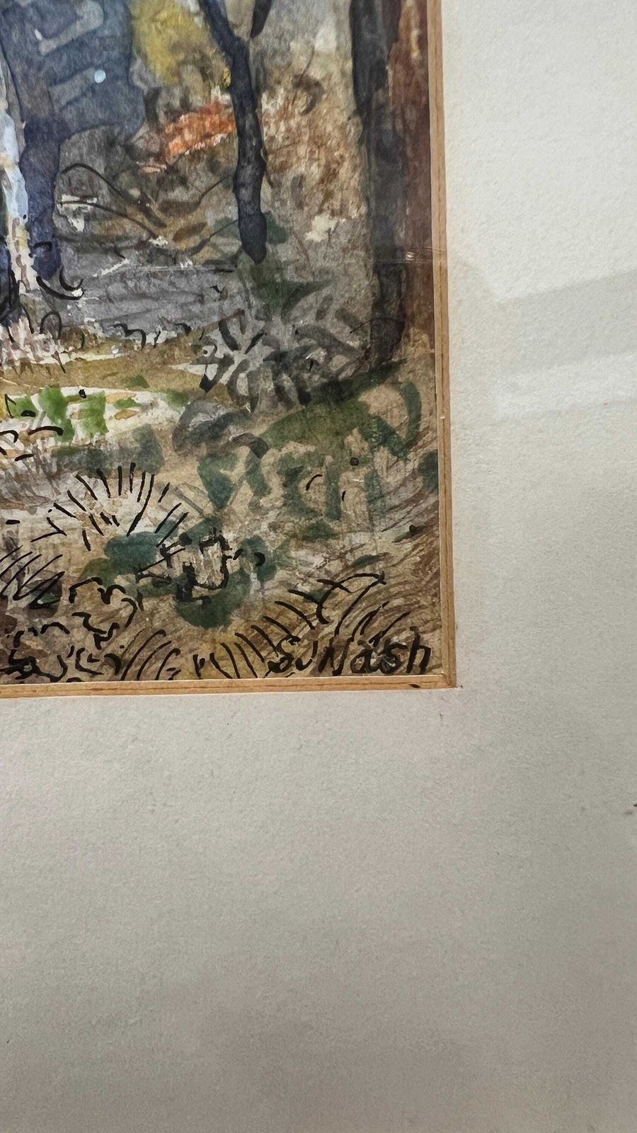 Framed Pen Ink & Watercolour Landscape By S.J. Nash — Woodland Log Cabin Scene Picture photo for sale