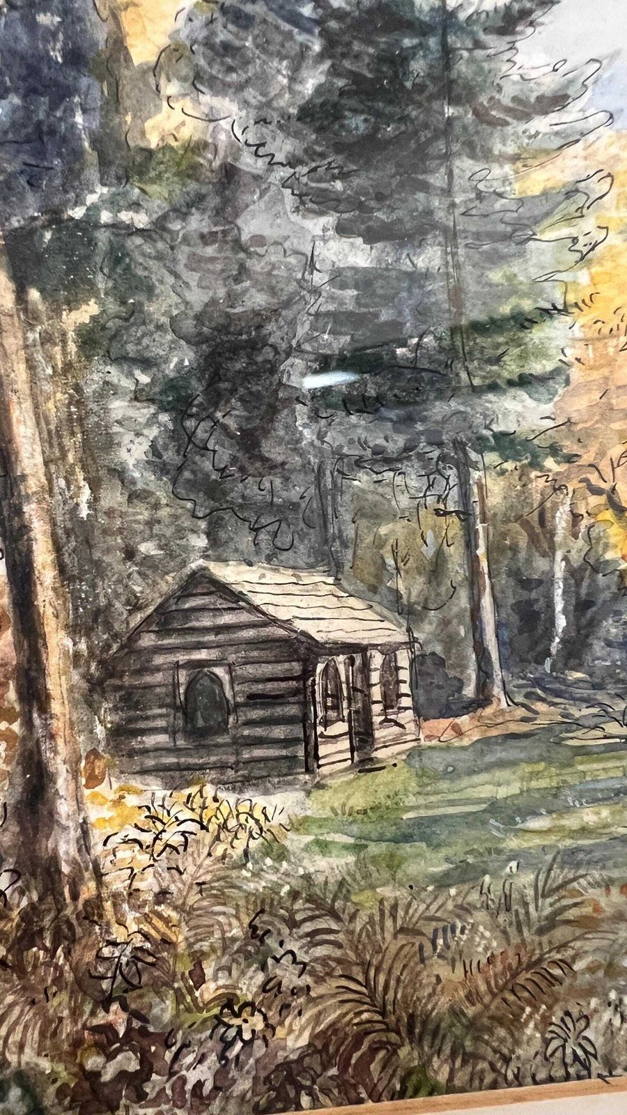 Framed Pen Ink & Watercolour Landscape By S.J. Nash — Woodland Log Cabin Scene Picture photo 129.0