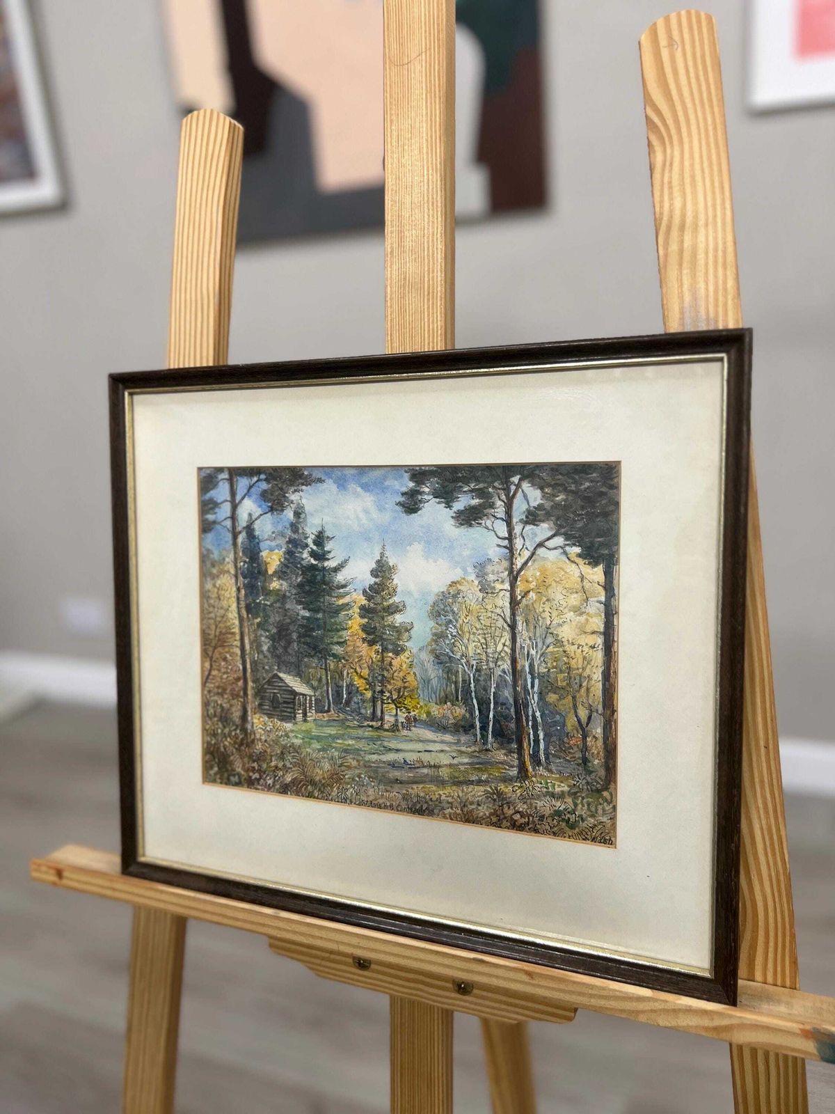 photo furniture Framed Pen Ink & Watercolour Landscape By S.J. Nash — Woodland Log Cabin Scene Picture
