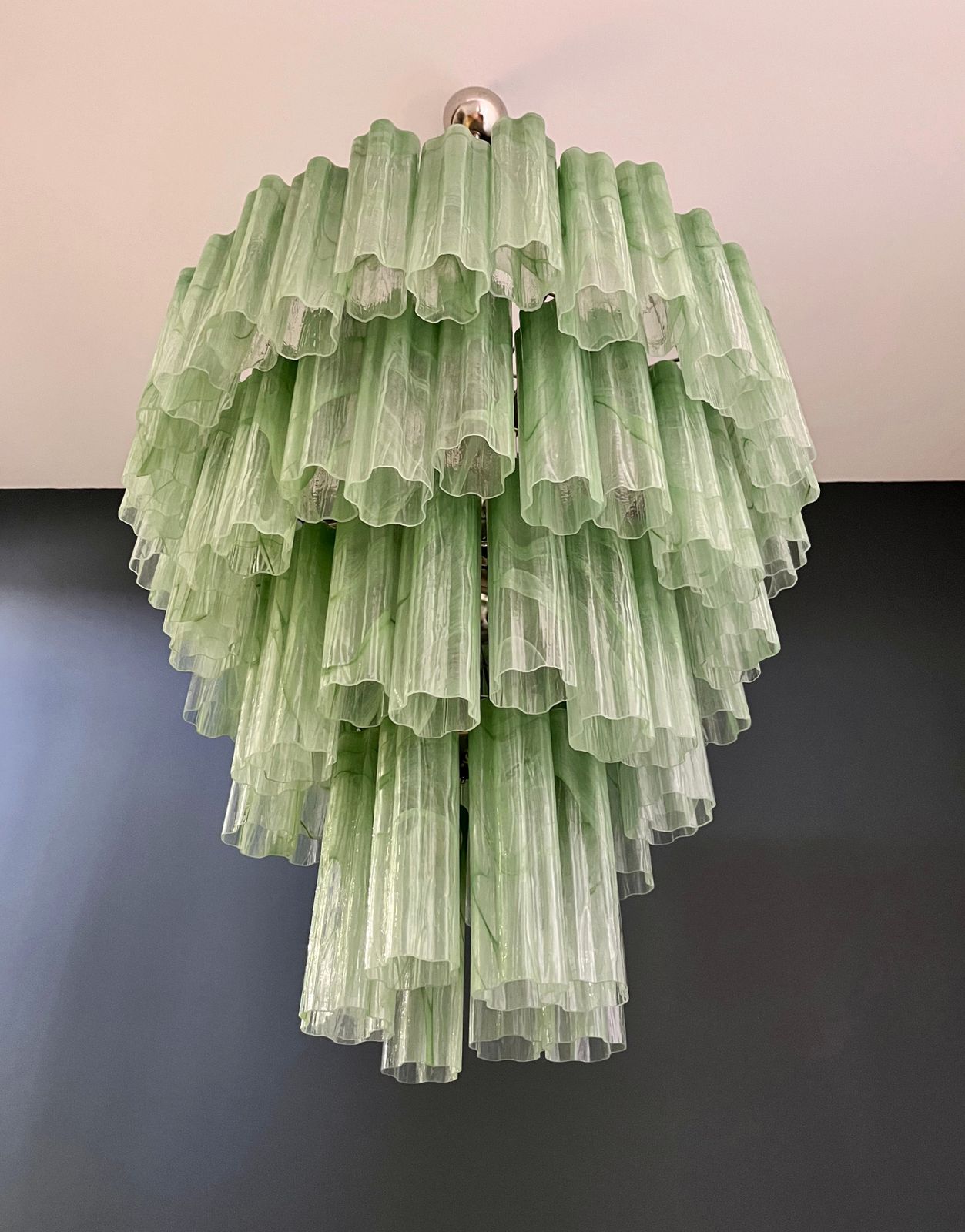 Huge Vintage Murano Glass Tiered Chandelier   80 Glasses   Green Alabaster Glass Tube photo vinterior