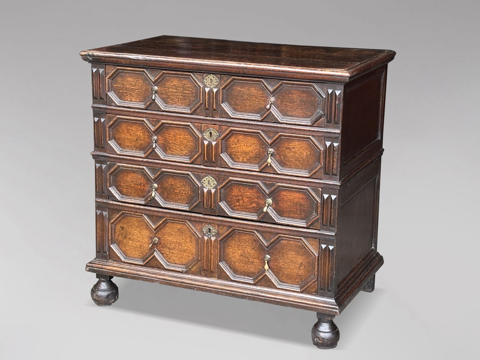 Furniture 17th Century Charles II Period Jacobean Oak Geometric Chest Of Drawers photo