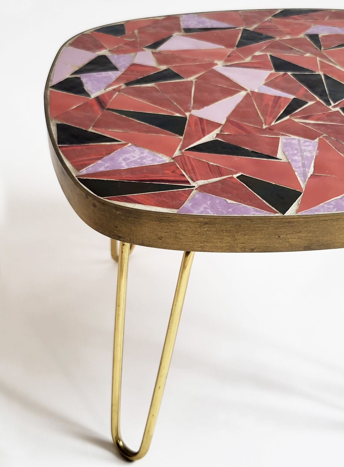 Mid Century Modern Mosaic & Brass Side Table With Hair Pin Legs, 1950s photo vinterior
