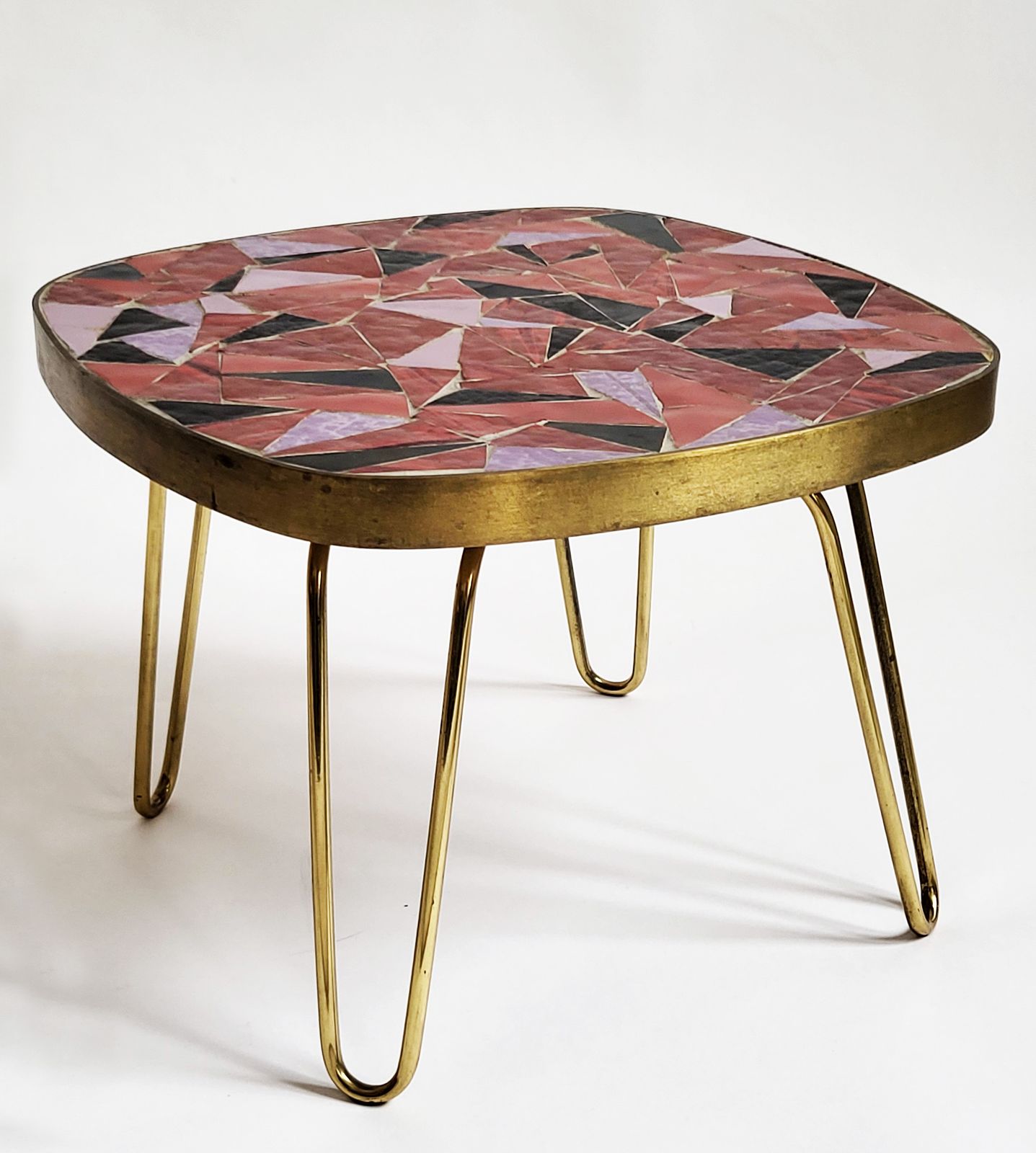 photo for sale Mid Century Modern Mosaic & Brass Side Table With Hair Pin Legs, 1950s
