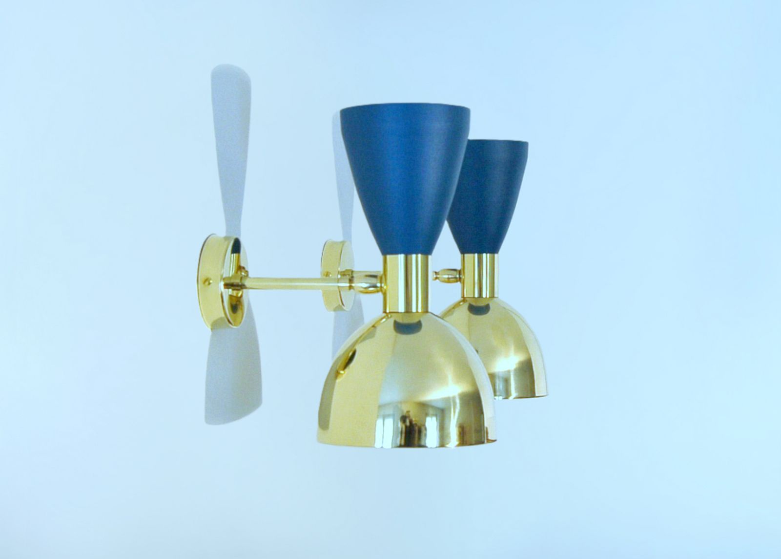 Pair Of Wall Lamp / Metal & Brass / Brass And Blue Opaque / Style '50 photo for sale