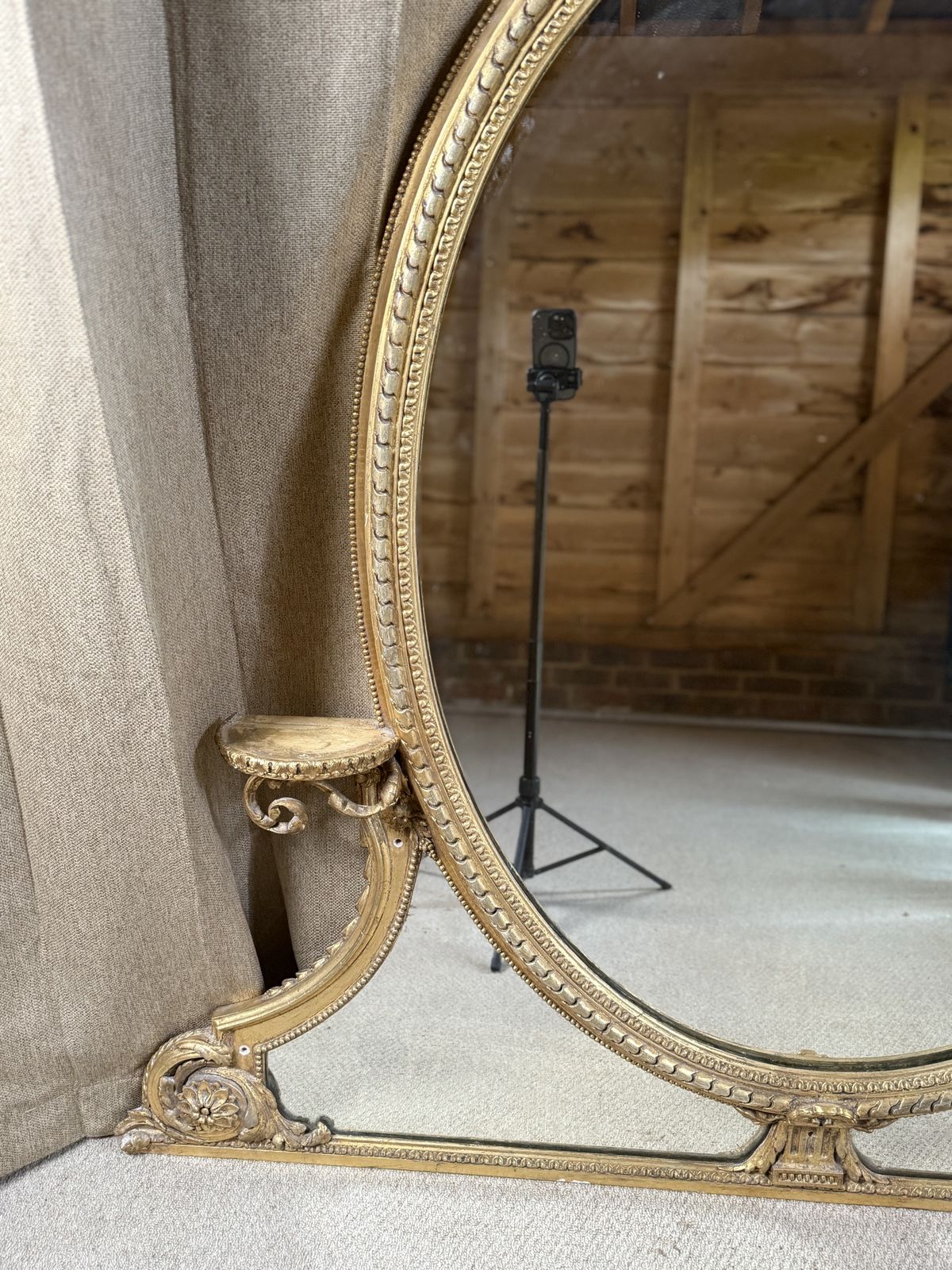 19th Century French Giltwood Oval Overmantel Mirror With Crest & Side Shelves photo furniture