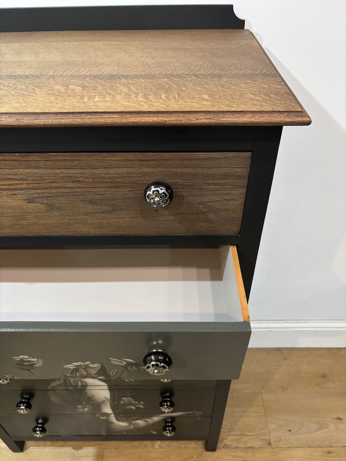 Chest Of Drawers Black And Dark Wood With Decoupage photo furniture
