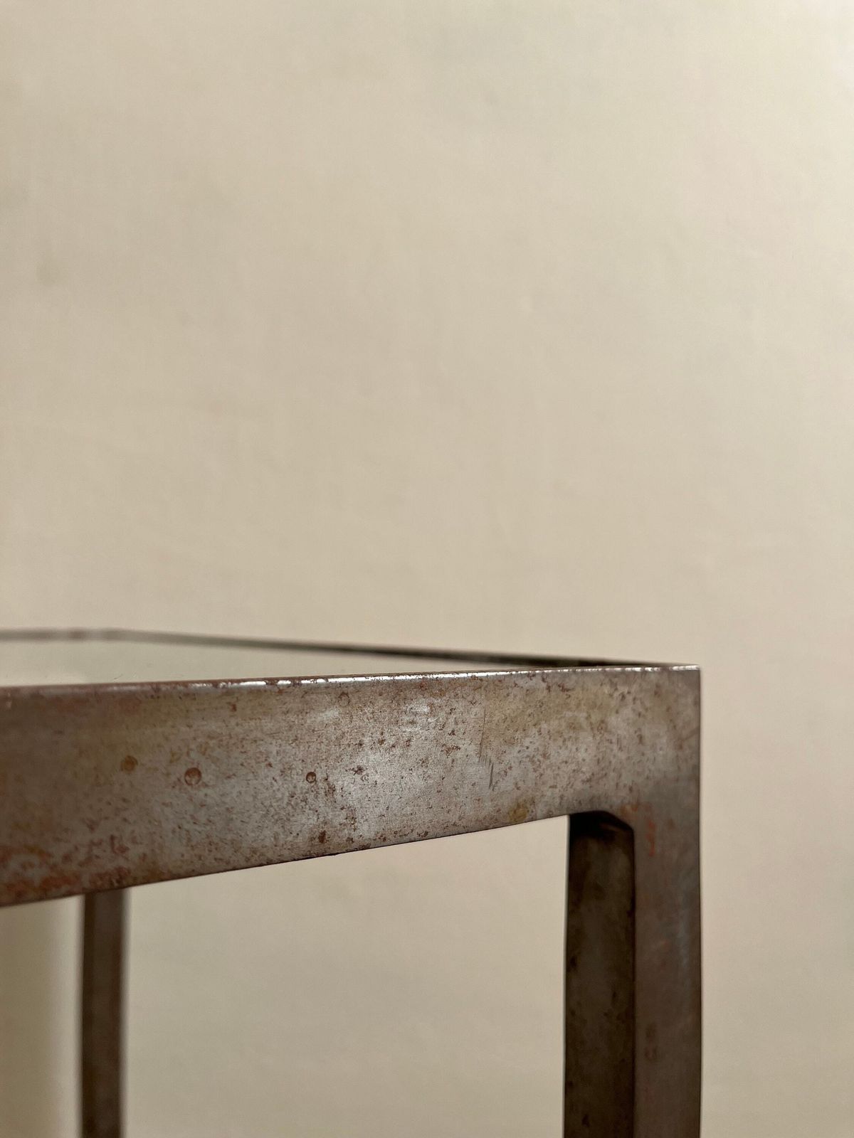 Vintage Steel & Glass Side Table – Industrial Patinated Lamp Table photo for sale