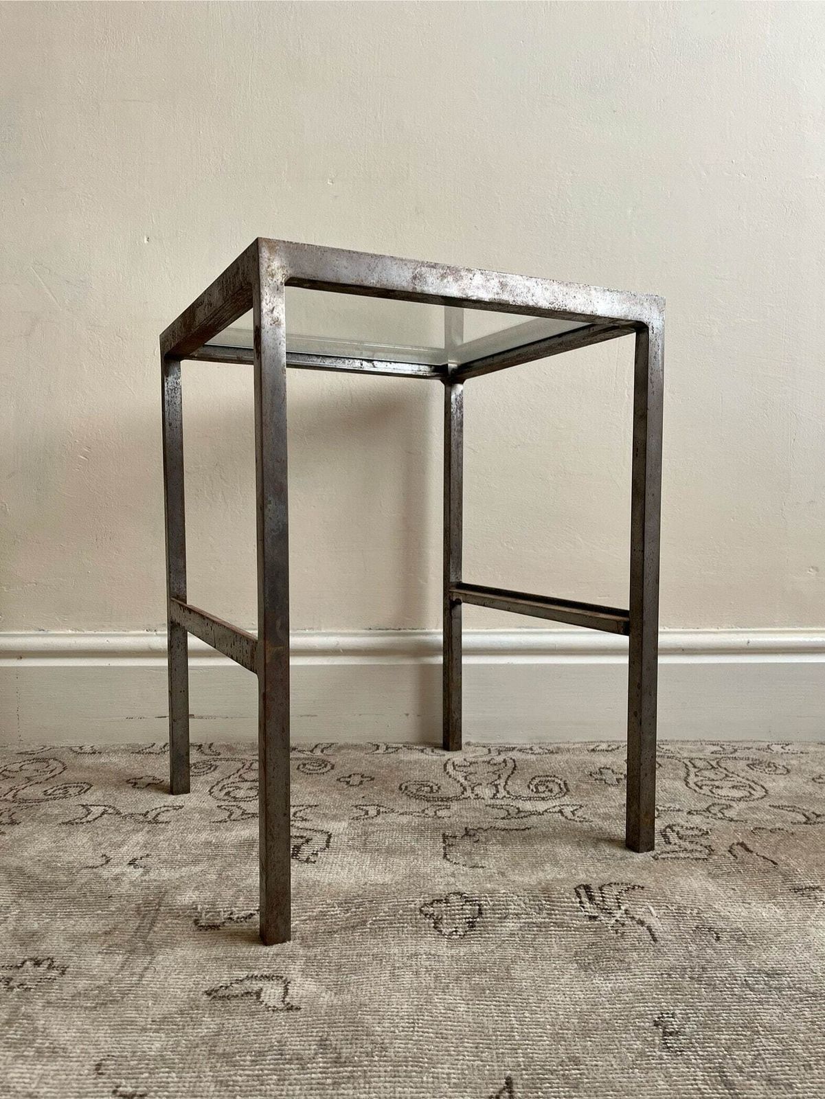 Vintage Steel & Glass Side Table – Industrial Patinated Lamp Table photo 570.0