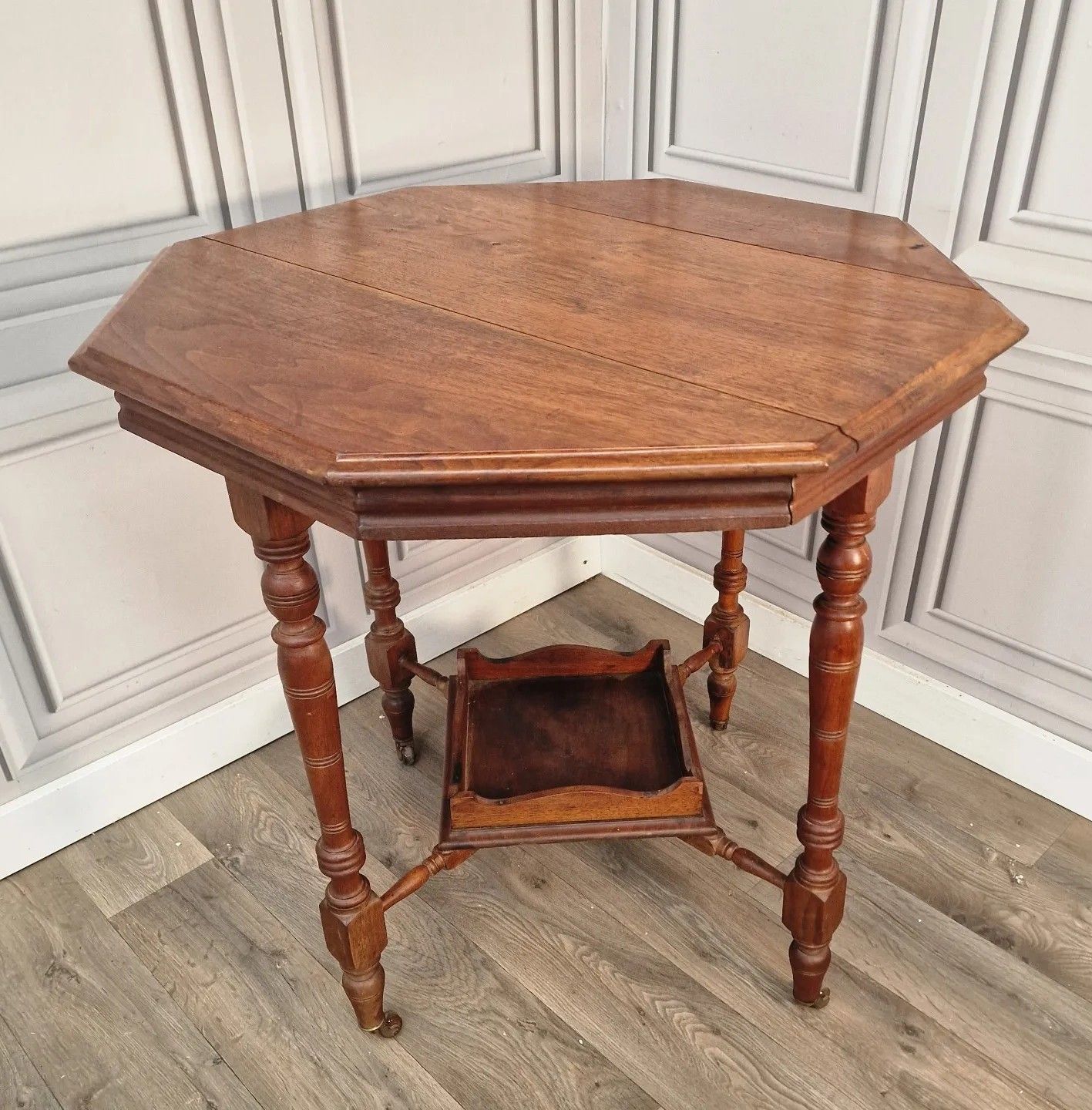 Antique Hall Table Wooden Arts & Crafts Octagonal 2 Tier Wood Window Side End photo vinterior