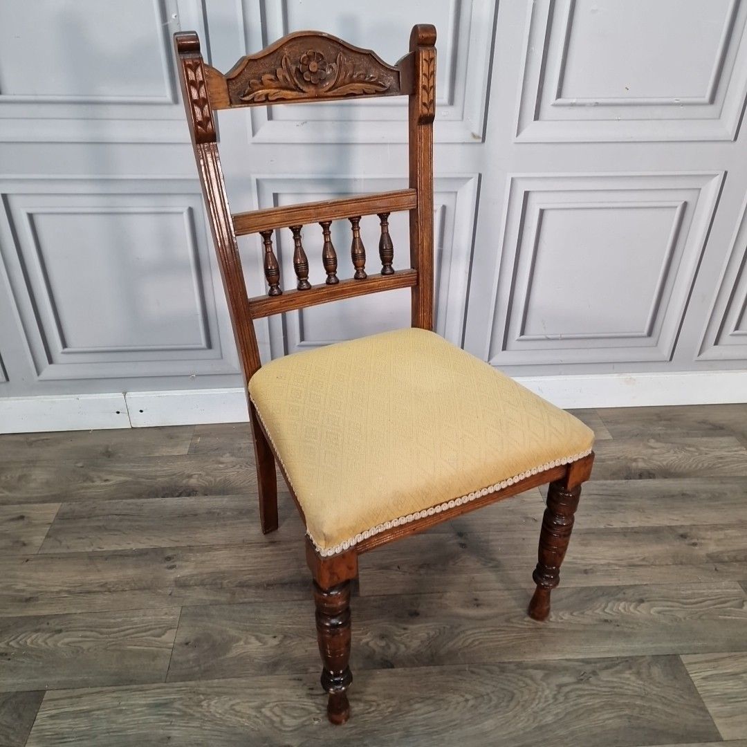 Antique Oak Dining Chair – Floral Wood Carved Back Bedroom Seat – Victorian photo furniture