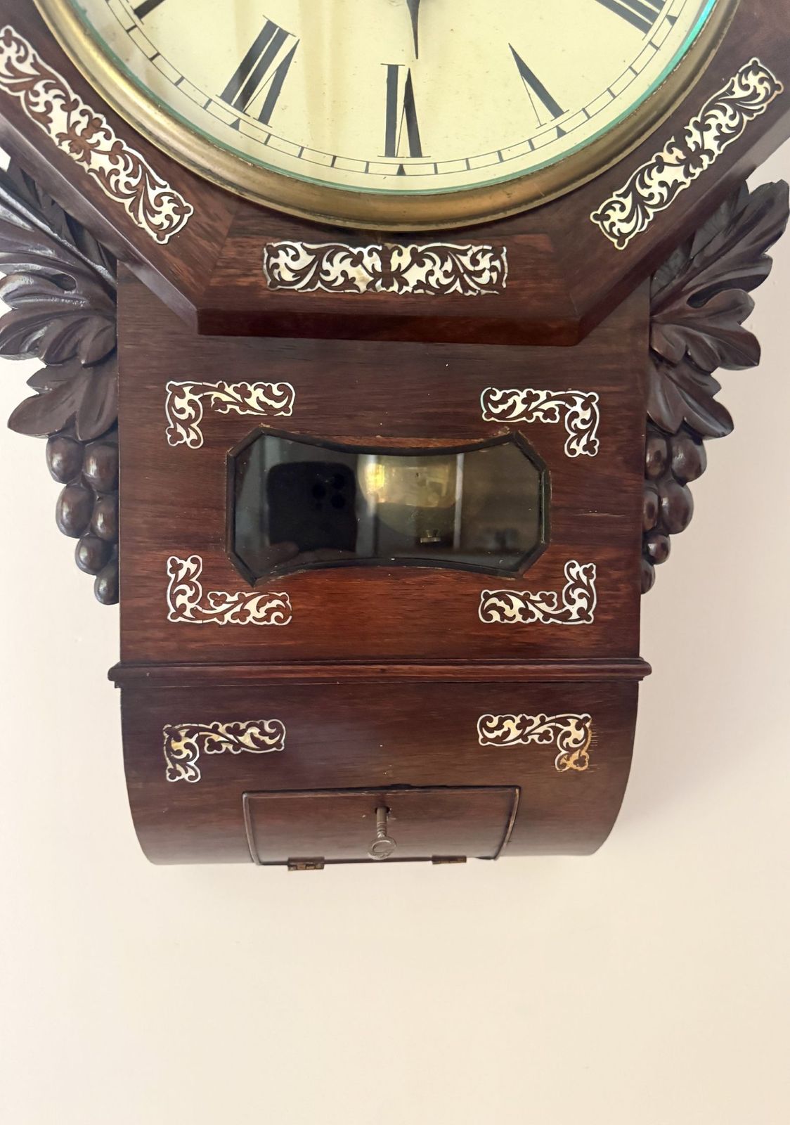 Quality Antique 19th Century Rosewood Inlaid Drop Dial Wall Clock photo 1195.0