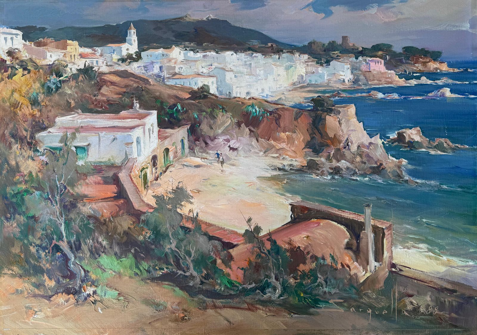 Josep Sarquella Escobet Panoramic View Of Cadaqués Costa Brava Spain Oil On Canvas Painting 1988