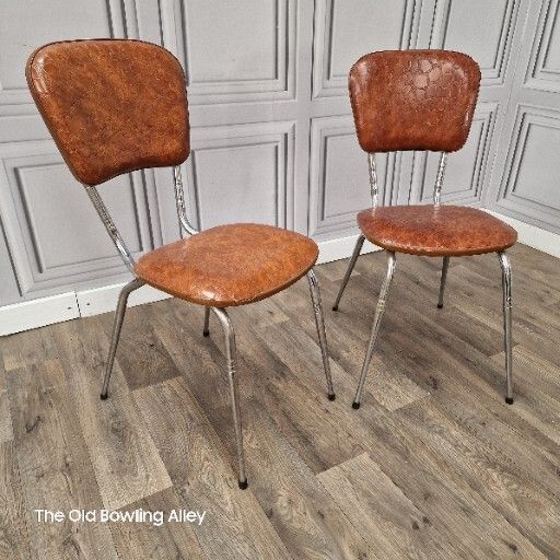 Pair Mid Century Chairs X2 Vintage French Chrome & Faux Brown Crocodile photo furniture