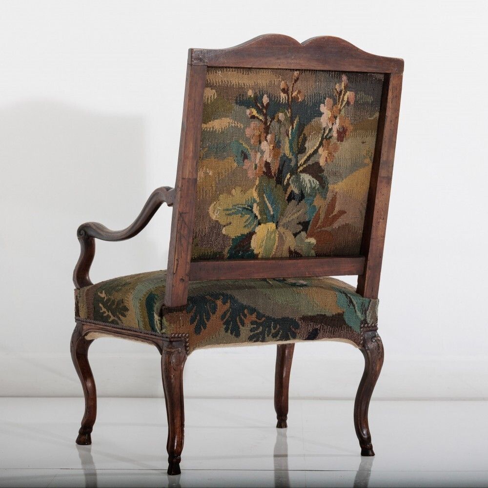 18th Century Walnut French Open Armchair In 19th Century Wild Strawberry Tapestry photo Furniture