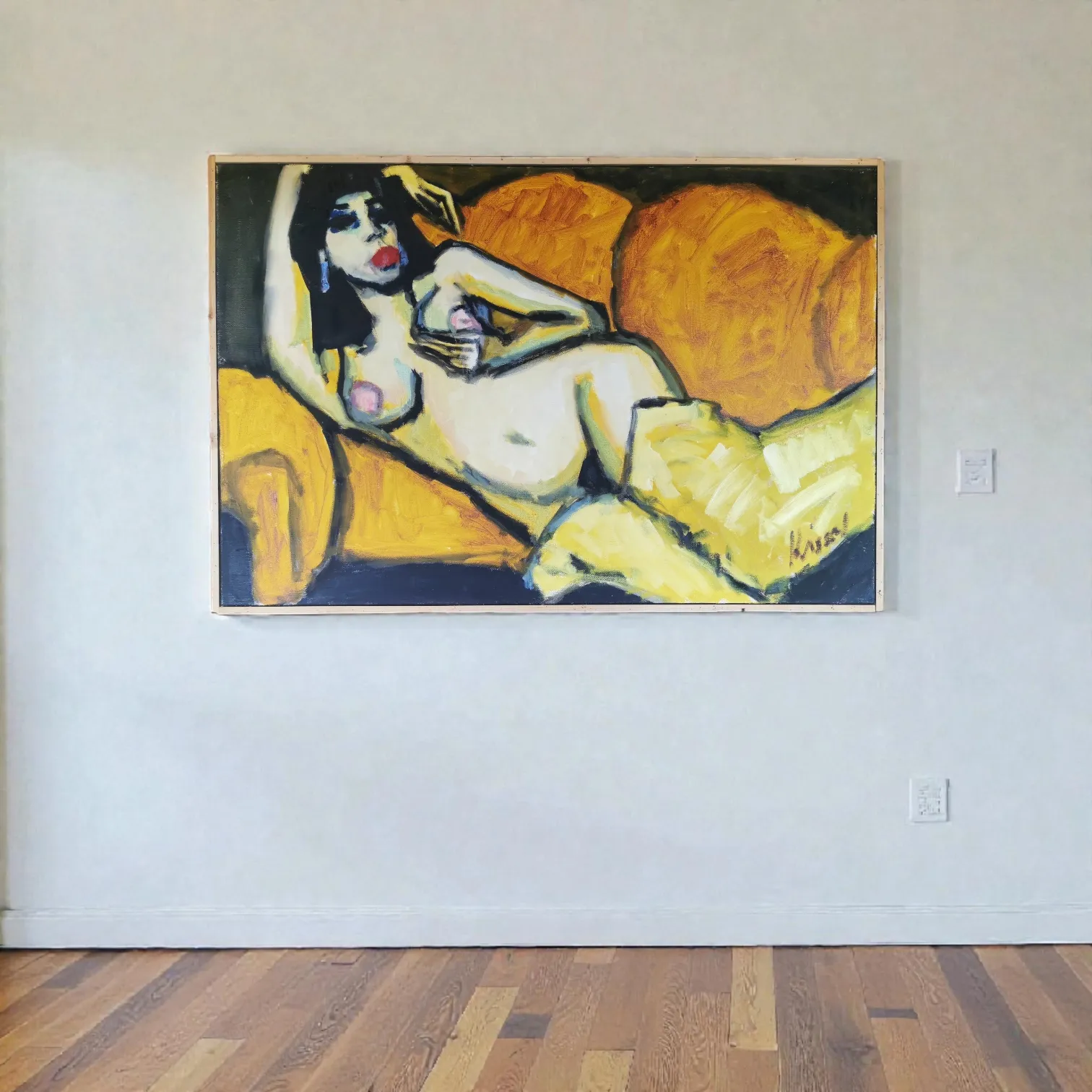 Gernot Kissel German 1939 2008, Reclining Nude Lady In Yellow Thigh High Boots, Original Large Oil On Canvas, Signed, Unframed photo for sale