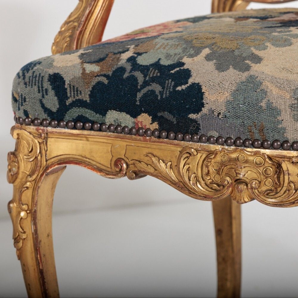 photo for sale Pair Of Late 19th Century English Bertram & Sons Giltwood Salon Armchairs
