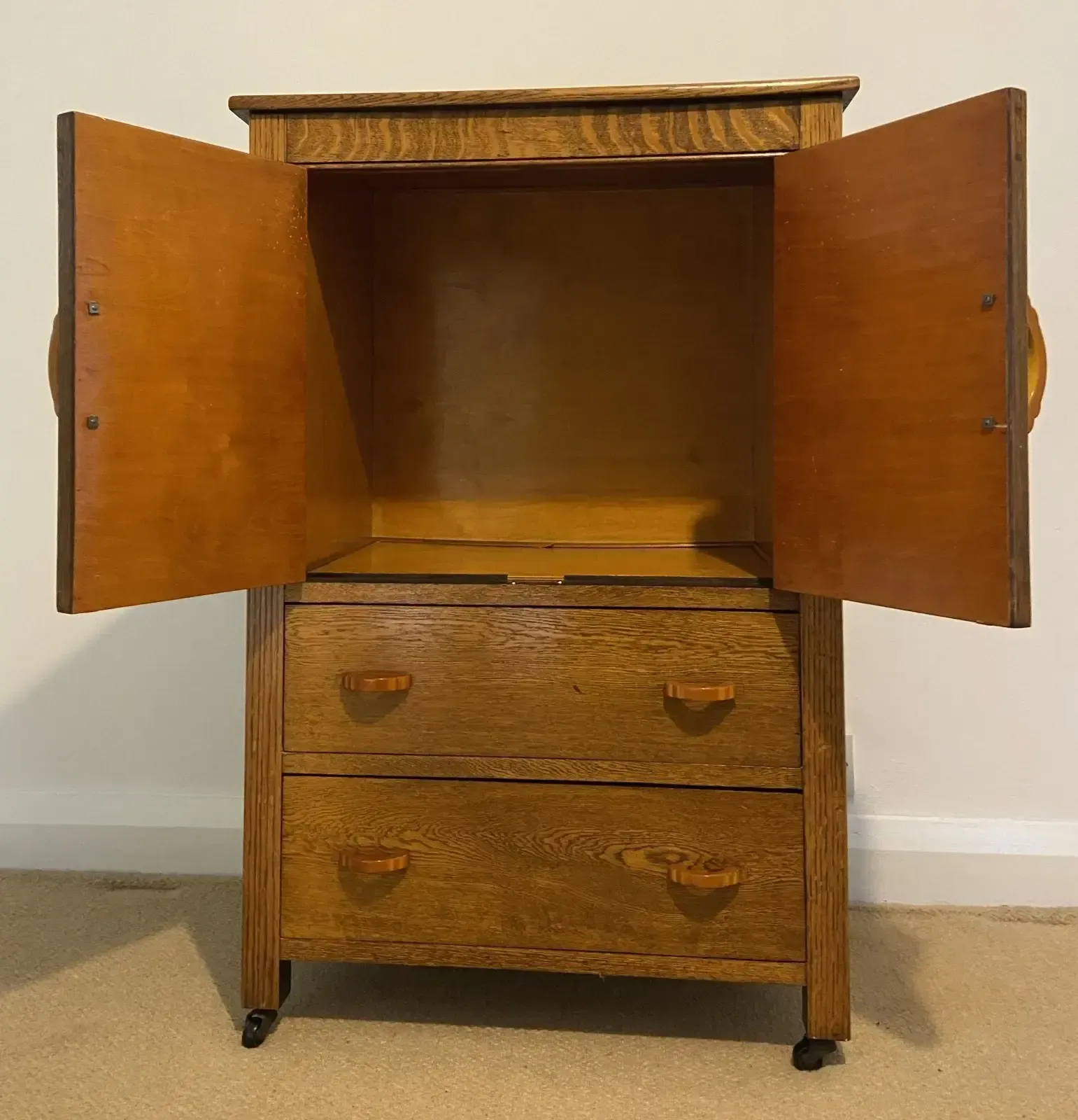 Art Deco 1930's Golden Oak Cabinet/Compactum On Castors With Bakelite Handles photo buy
