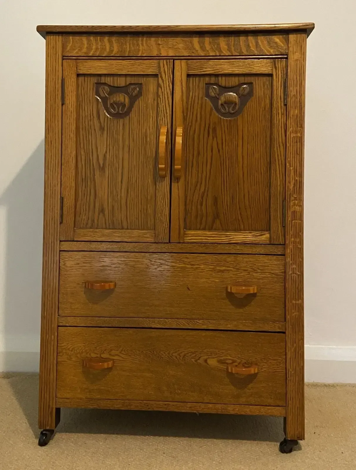 photo furniture Art Deco 1930's Golden Oak Cabinet/Compactum On Castors With Bakelite Handles