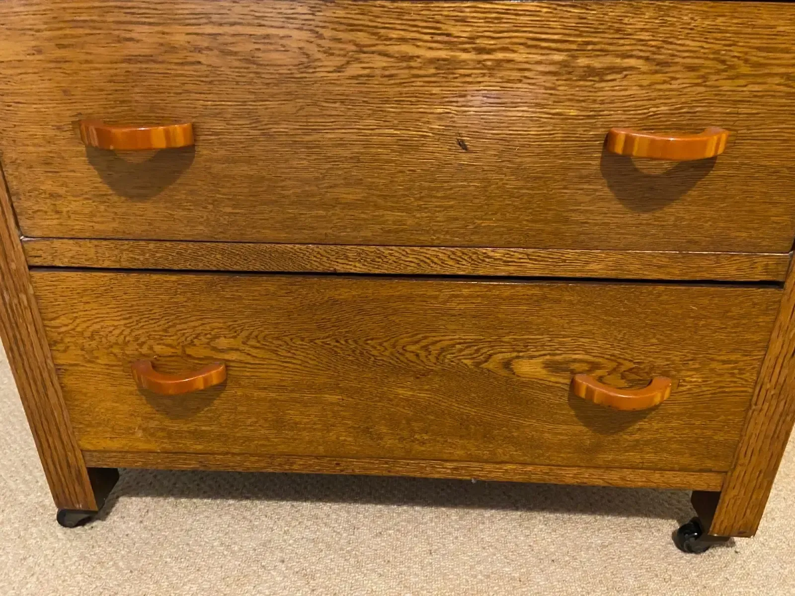 Furniture Art Deco 1930's Golden Oak Cabinet/Compactum On Castors With Bakelite Handles photo