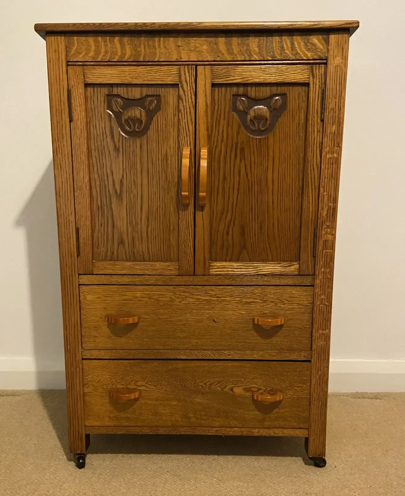 photo buy Art Deco 1930's Golden Oak Cabinet/Compactum On Castors With Bakelite Handles