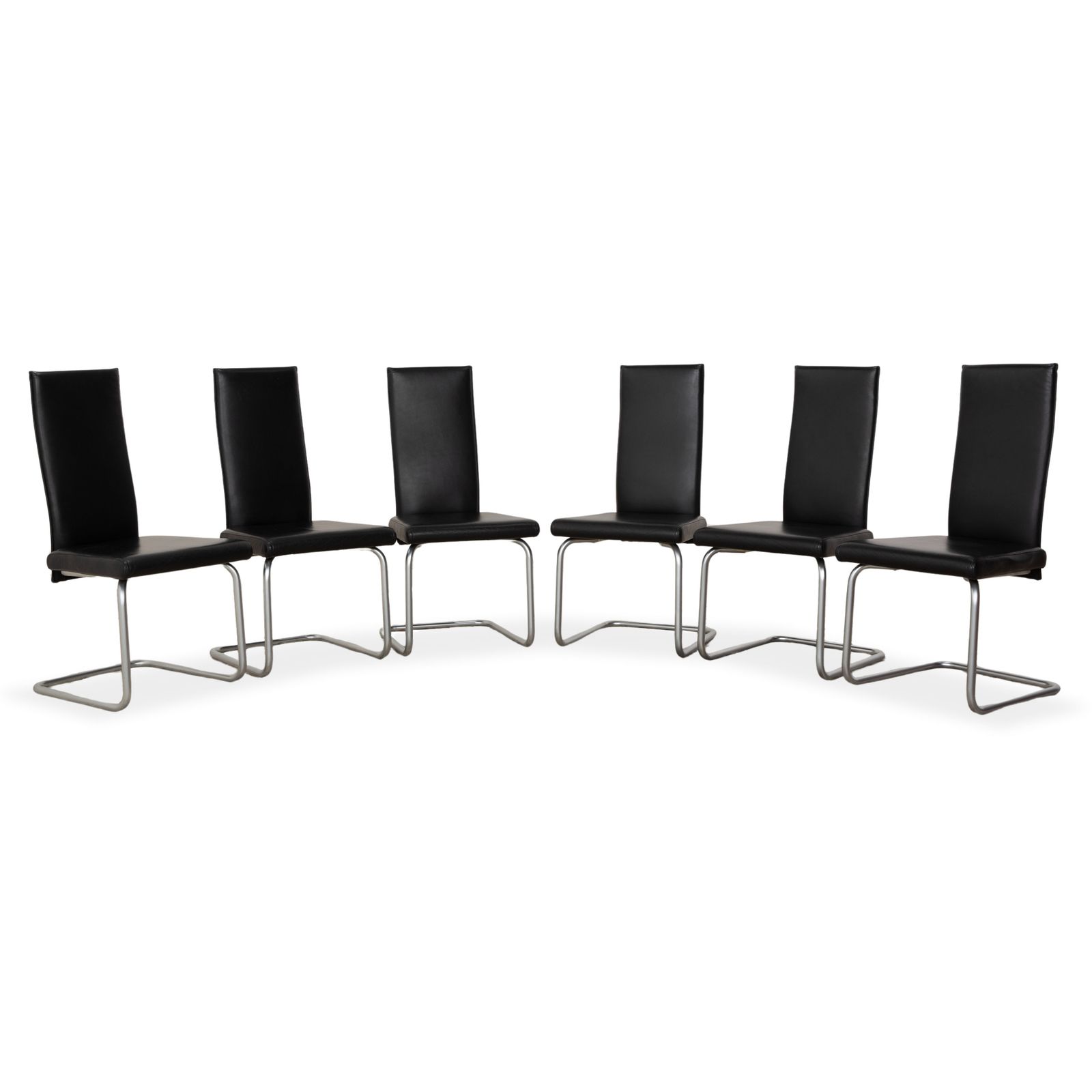Set Of 6 Ronald Schmitt Leather Chairs, Black Chrome, For Dining Room