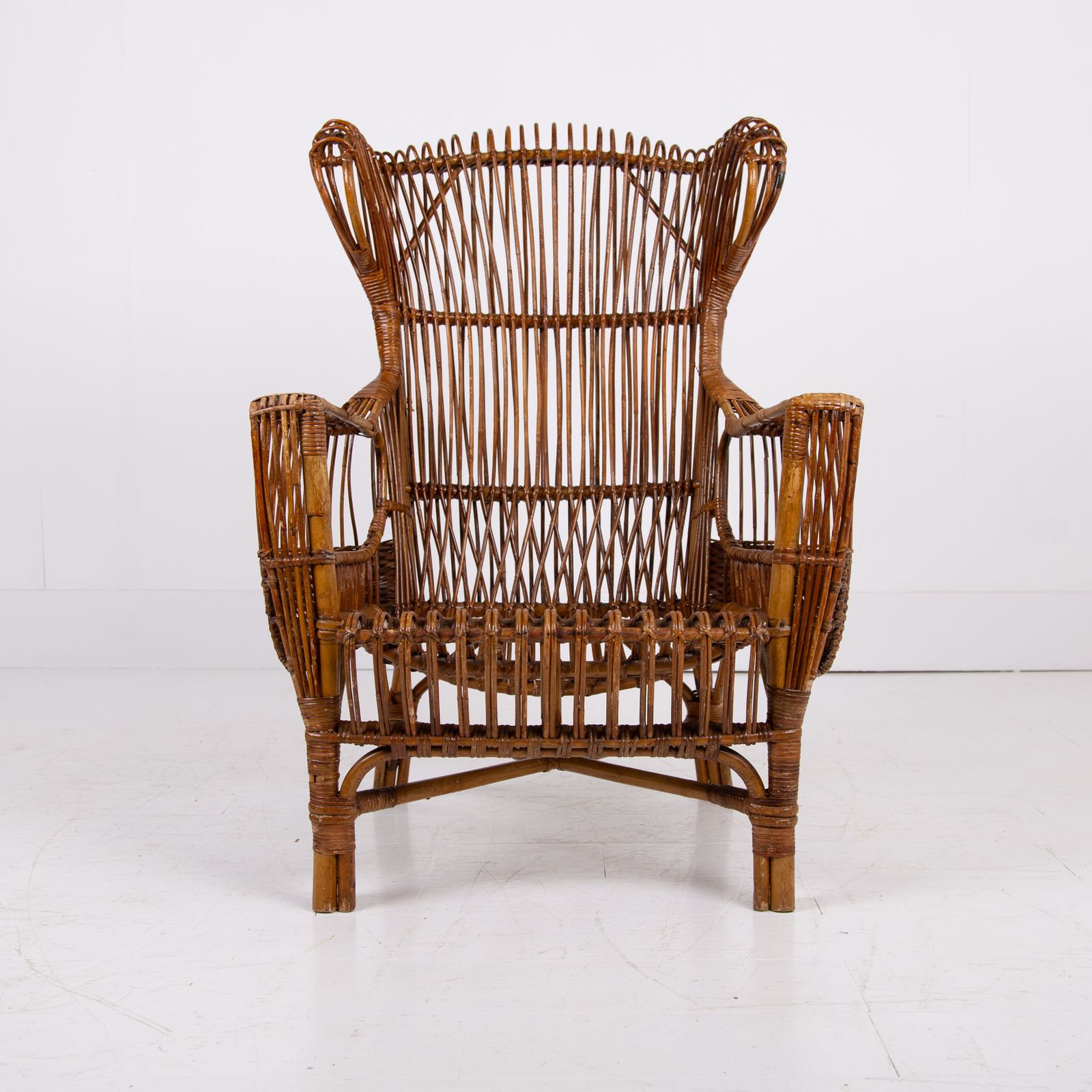 Furniture Pair Mid Century Italian Wicker & Bamboo Wingback Armchairs Fratelli Castano Milan C1970 photo