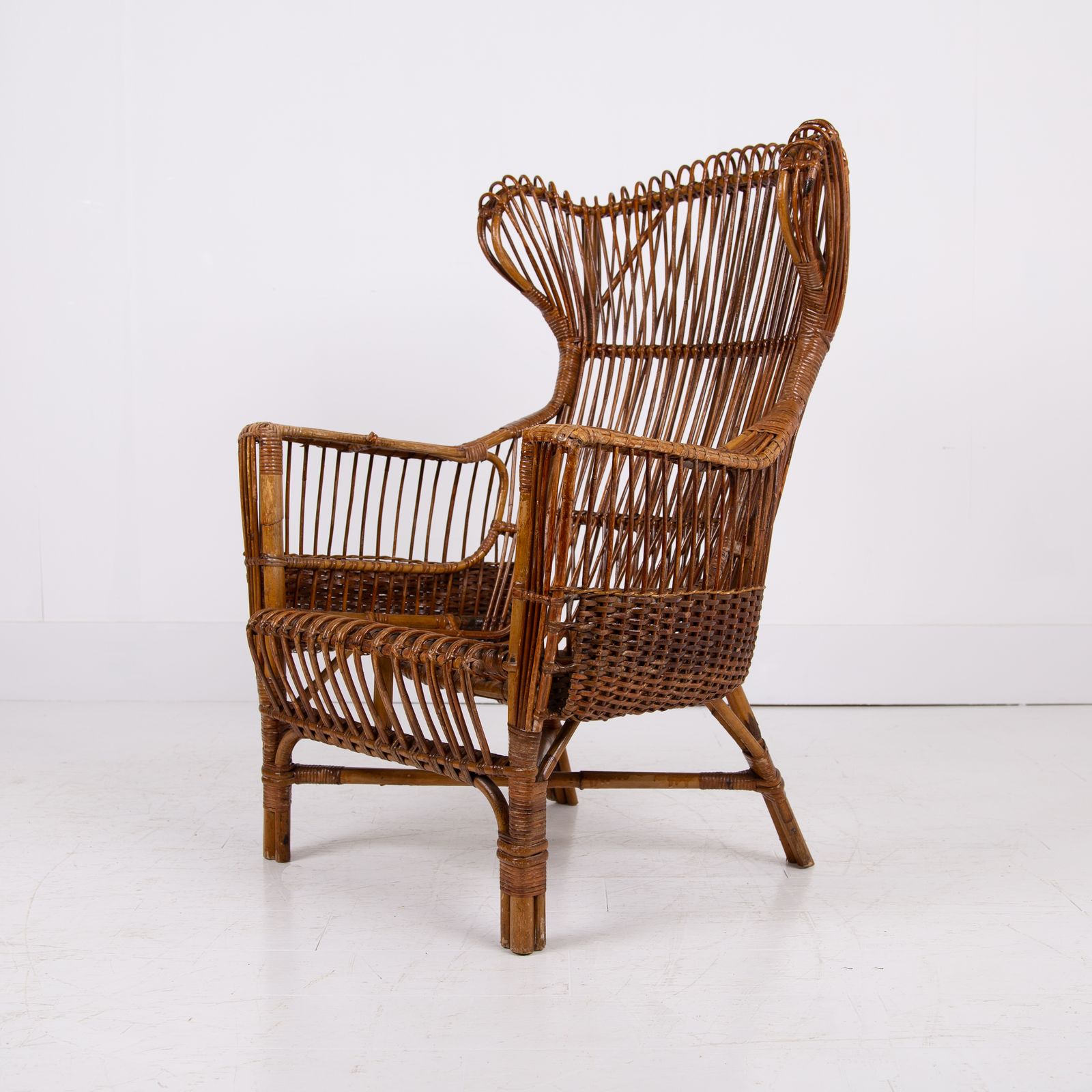 1075.0 Pair Mid Century Italian Wicker & Bamboo Wingback Armchairs Fratelli Castano Milan C1970 photo