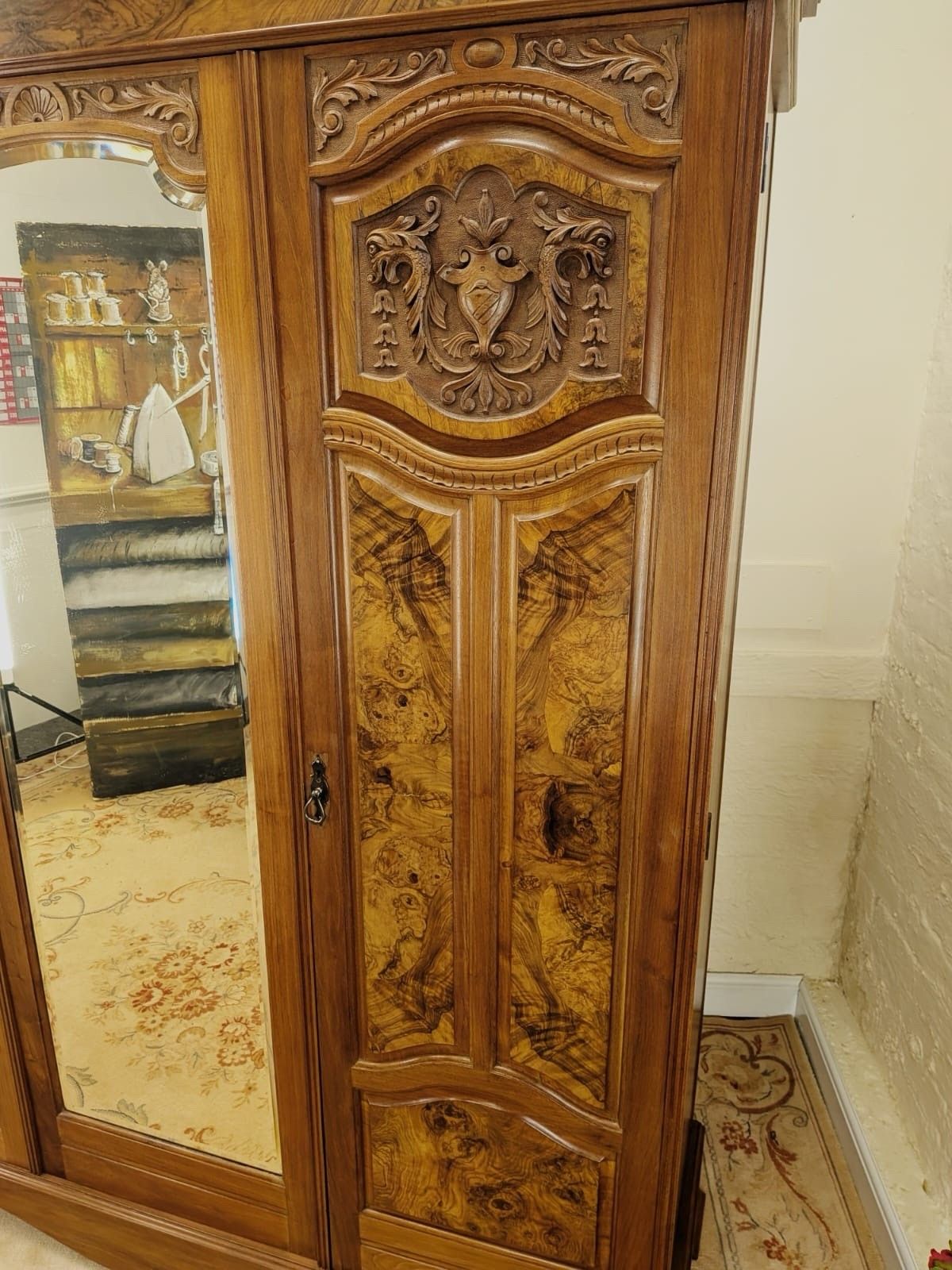 photo furniture Large Edwardian Walnut & Burr Carved Double Wardrobe