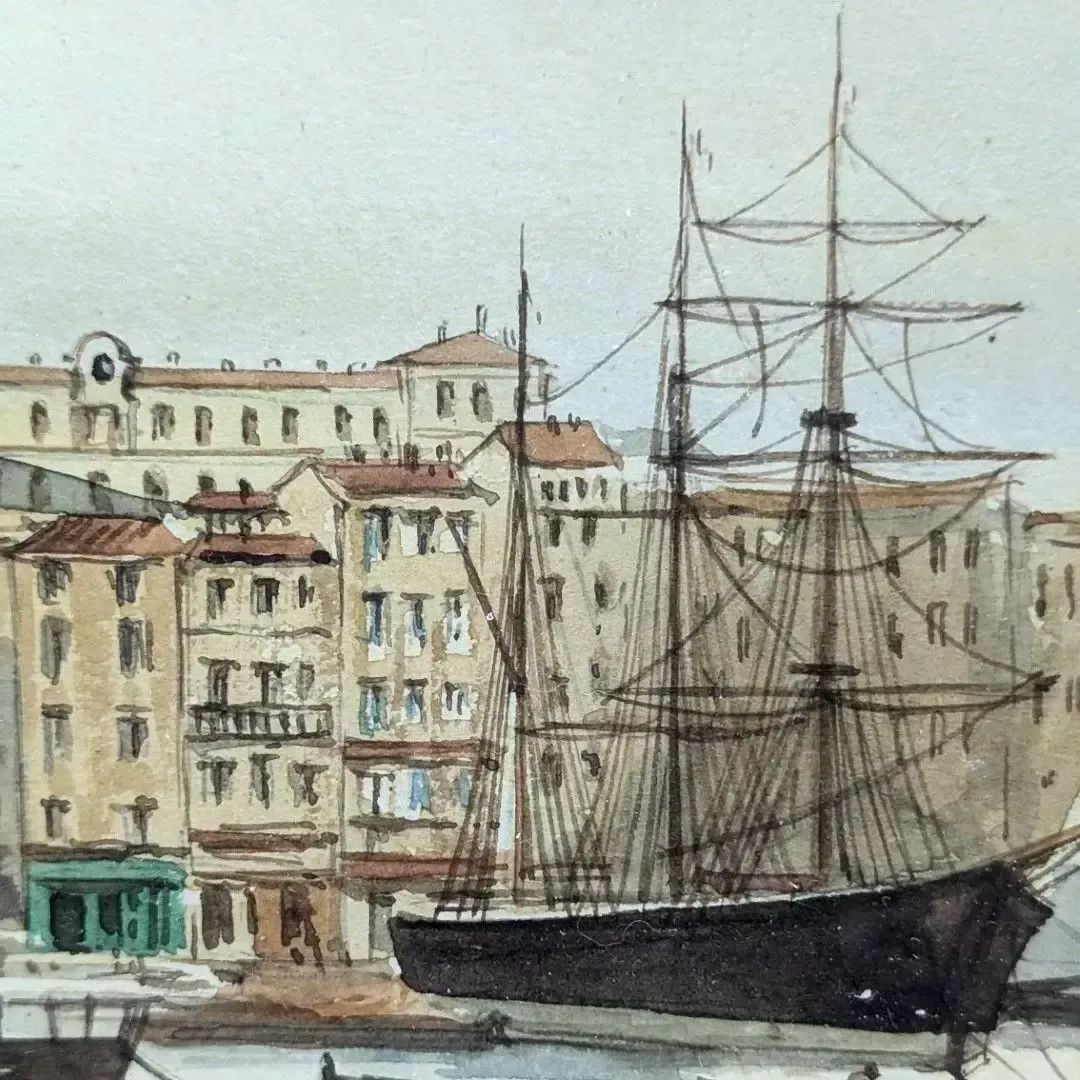 Watercolor Drawing Signed Spinelli, Marseille, The Old Port photo buy