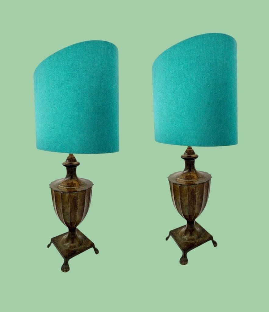 photo for sale A Pair Of 1970s Classical Cast Bronze Lamps With Verdigris Finish And Paw Feet