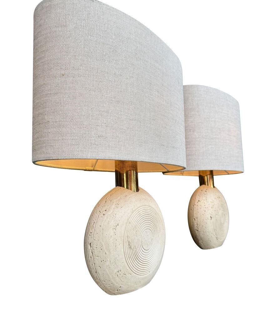 A Pair Of Circular Italian 1970s Travertine And Brass Lamps By Frattelli Manelli photo vinterior