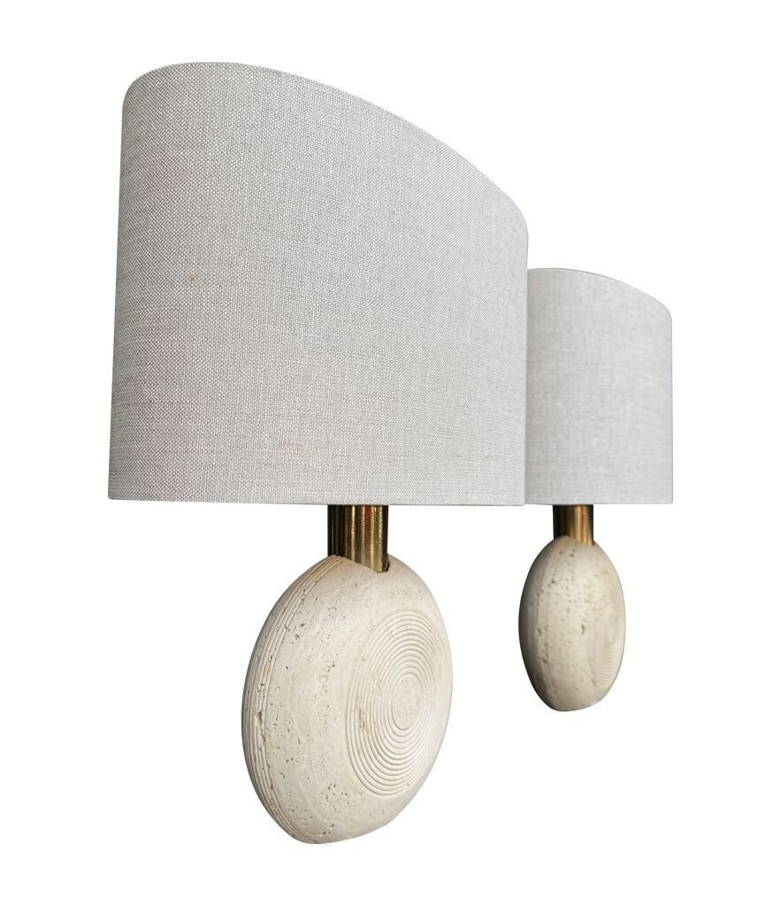 photo buy A Pair Of Circular Italian 1970s Travertine And Brass Lamps By Frattelli Manelli