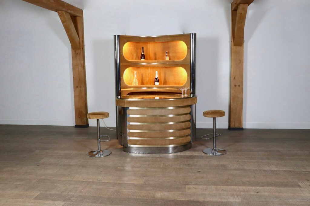 Suede And Chrome Dry Bar With Barstools In Cognac By Willy Rizzo, Italy 1970s photo 14000.0
