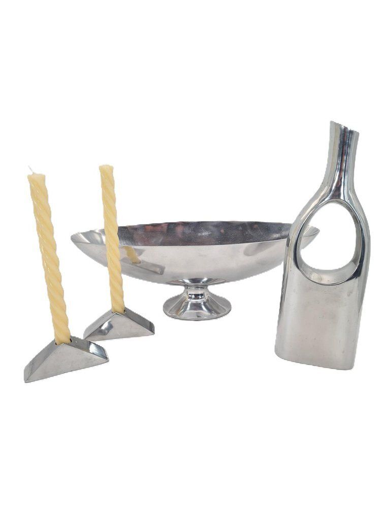 Polished Aluminum Platter, Candlesticks And Vase, 1990s, Set Of 4